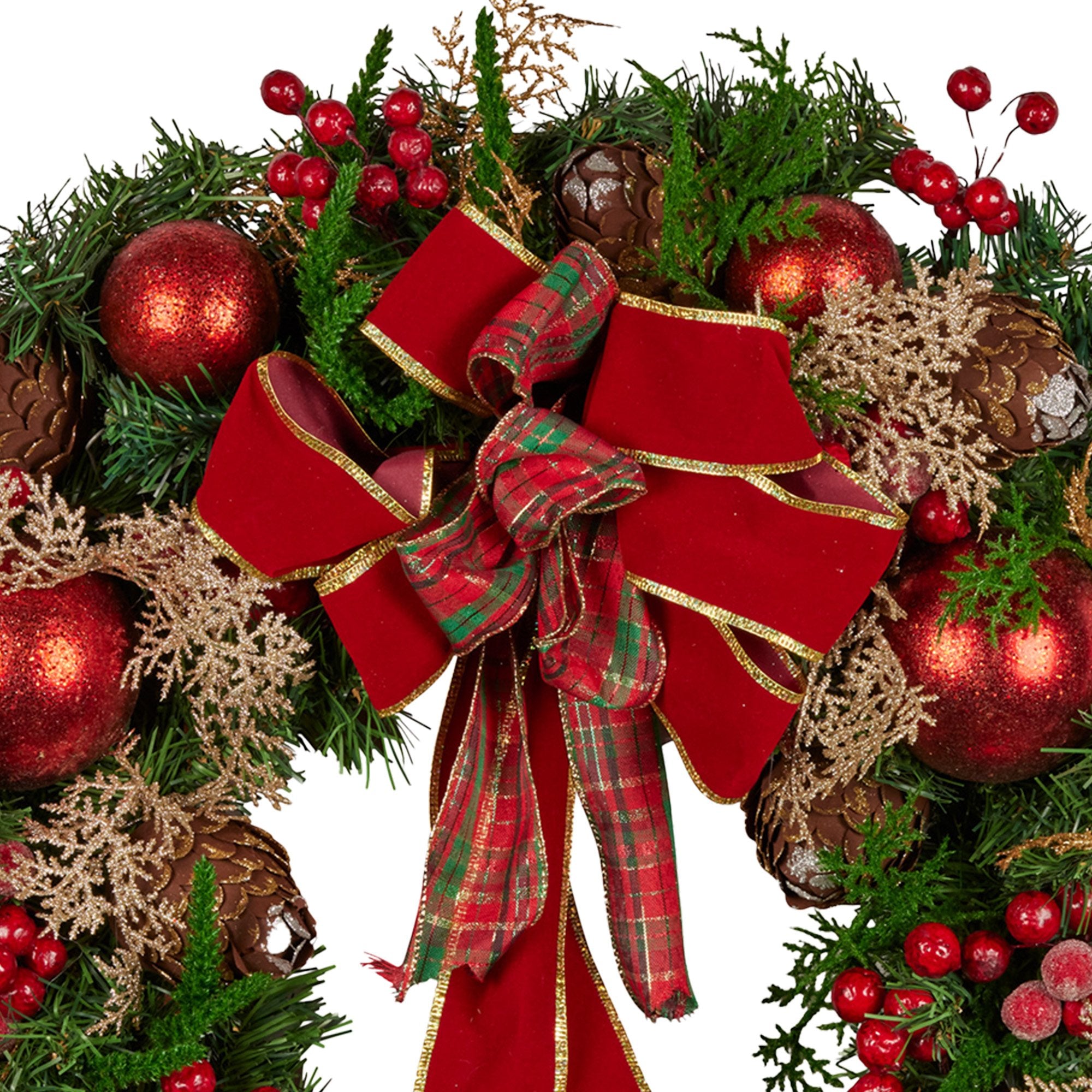 56CM Pre-Decorated Christmas Wreath with Red Berries, Pine Cones & Baubles
