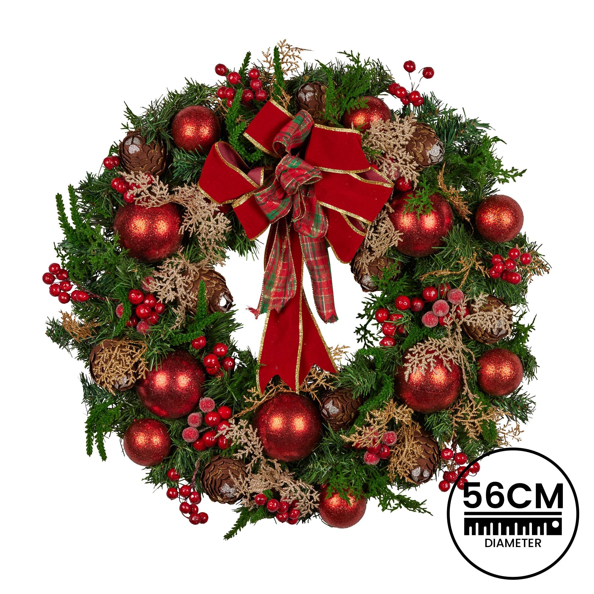 56CM Pre-Decorated Christmas Wreath with Red Berries, Pine Cones & Baubles