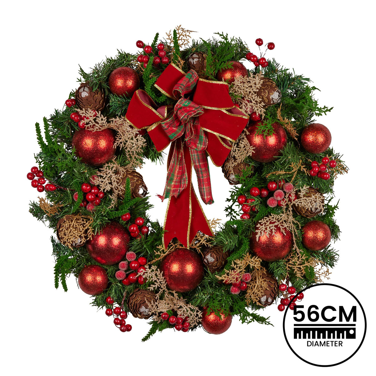 56CM Pre-Decorated Christmas Wreath with Red Berries, Pine Cones & Baubles