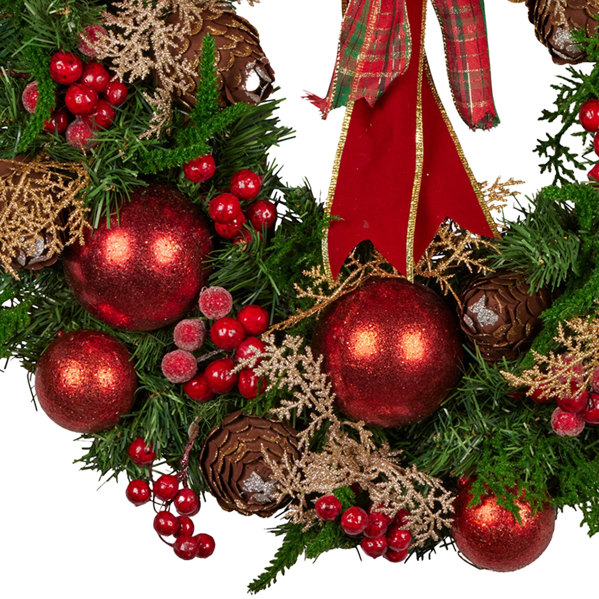 56CM Pre-Decorated Christmas Wreath with Red Berries, Pine Cones & Baubles