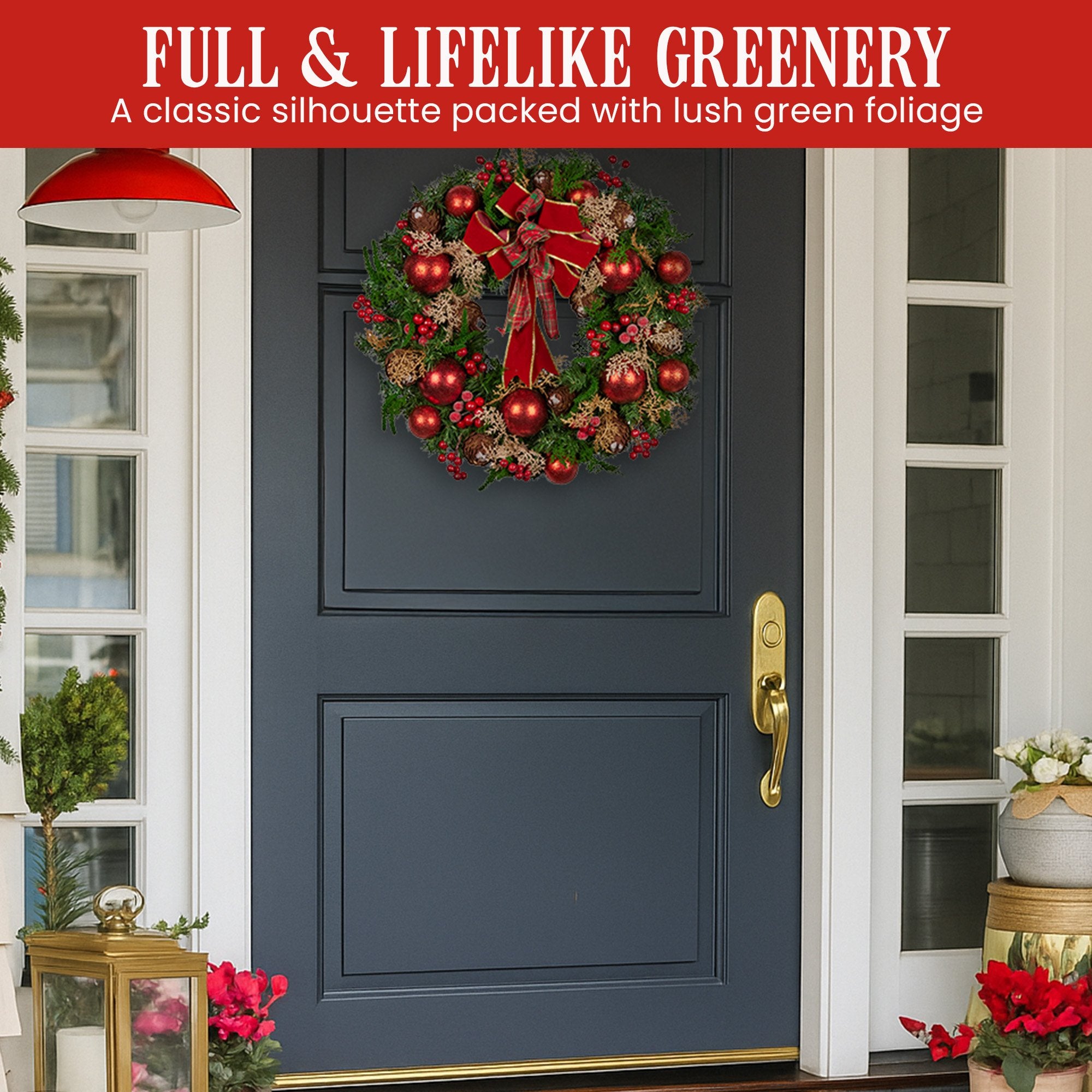 56CM Pre-Decorated Christmas Wreath with Red Berries, Pine Cones & Baubles