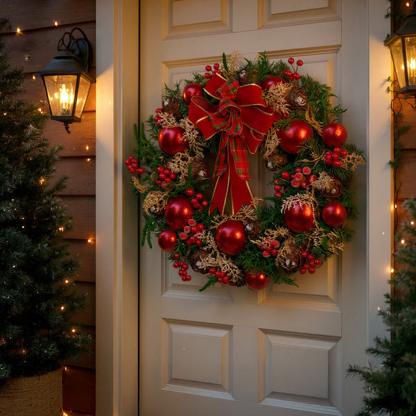 56CM Christmas Wreath – Red Berries, Baubles, Pine Cones & Ribbon