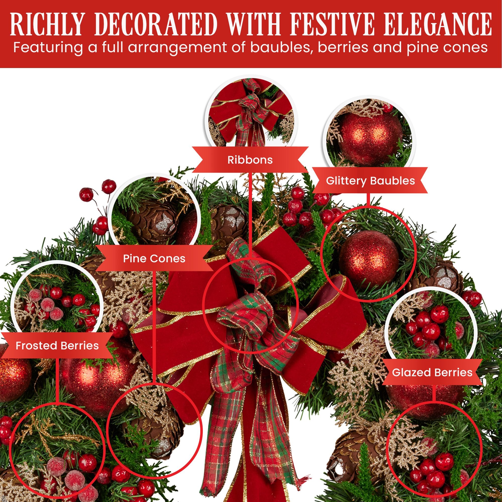 56CM Pre-Decorated Christmas Wreath with Red Berries, Pine Cones & Baubles
