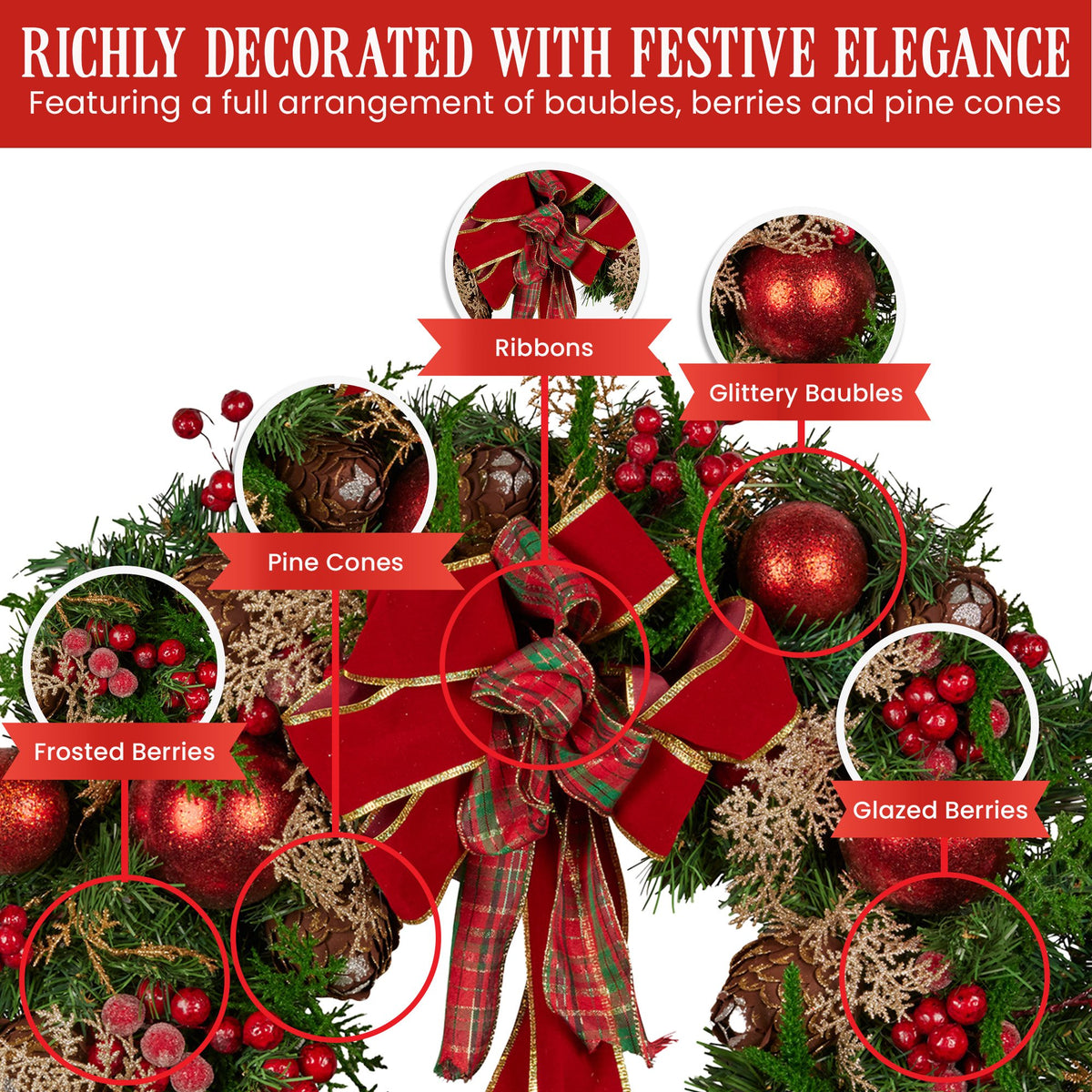 56CM Pre-Decorated Christmas Wreath with Red Berries, Pine Cones & Baubles