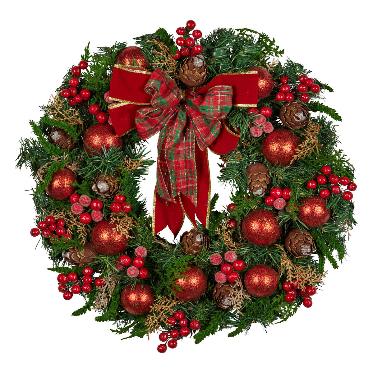 71CM Christmas Wreath with Red Baubles, Berries & Pine Cones