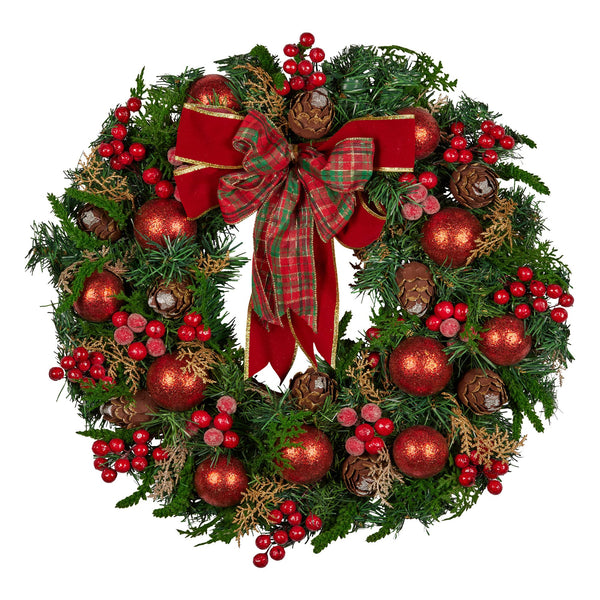 71CM Christmas Wreath with Red Baubles, Berries & Pine Cones
