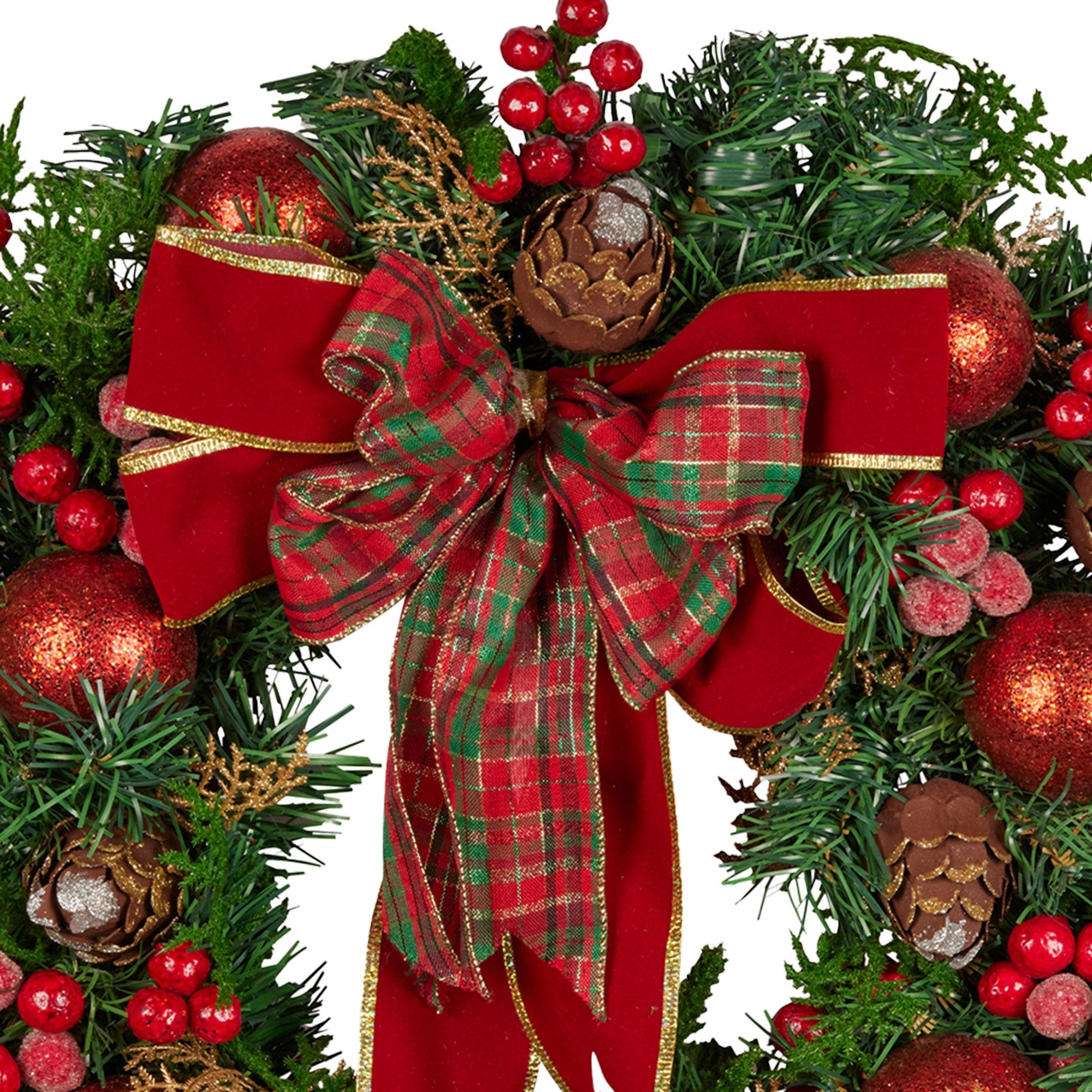 71CM Christmas Wreath with Red Baubles, Berries & Pine Cones