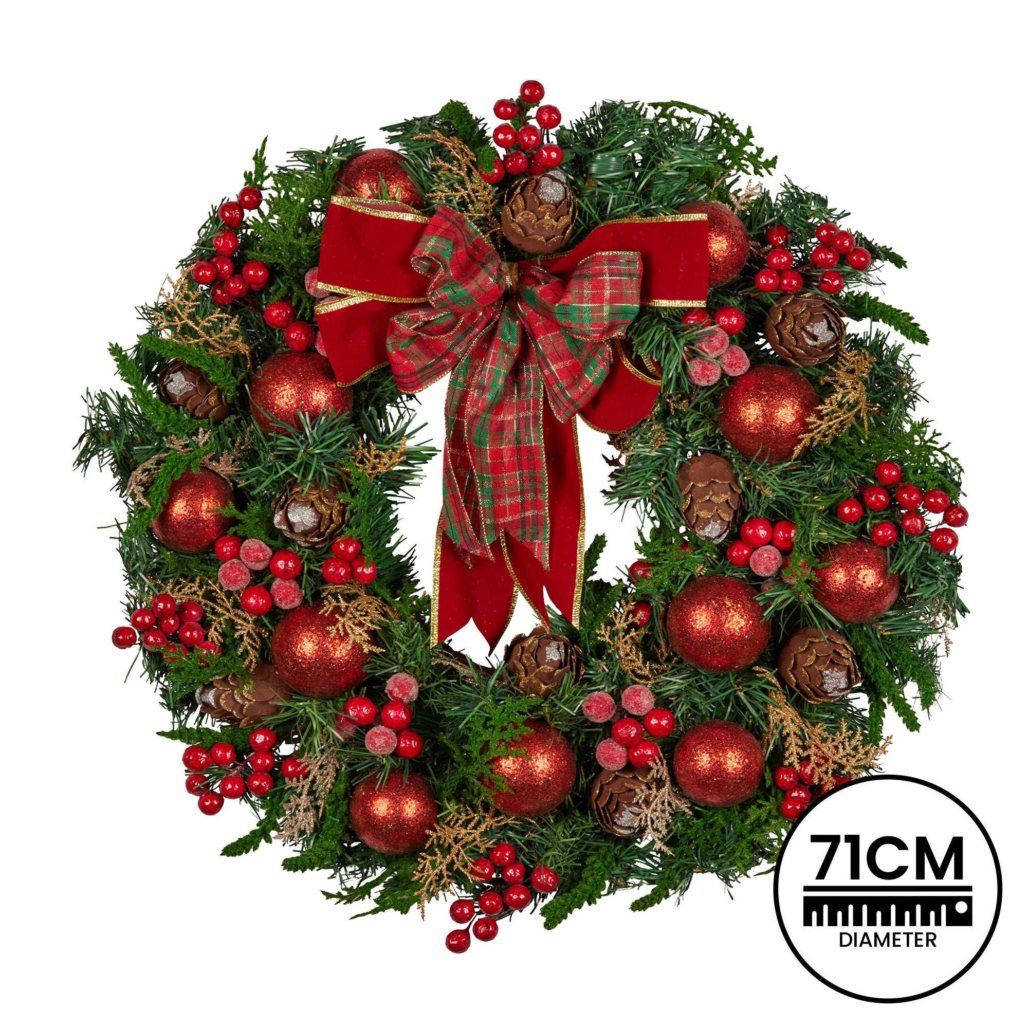 71CM Christmas Wreath with Red Baubles, Berries & Pine Cones