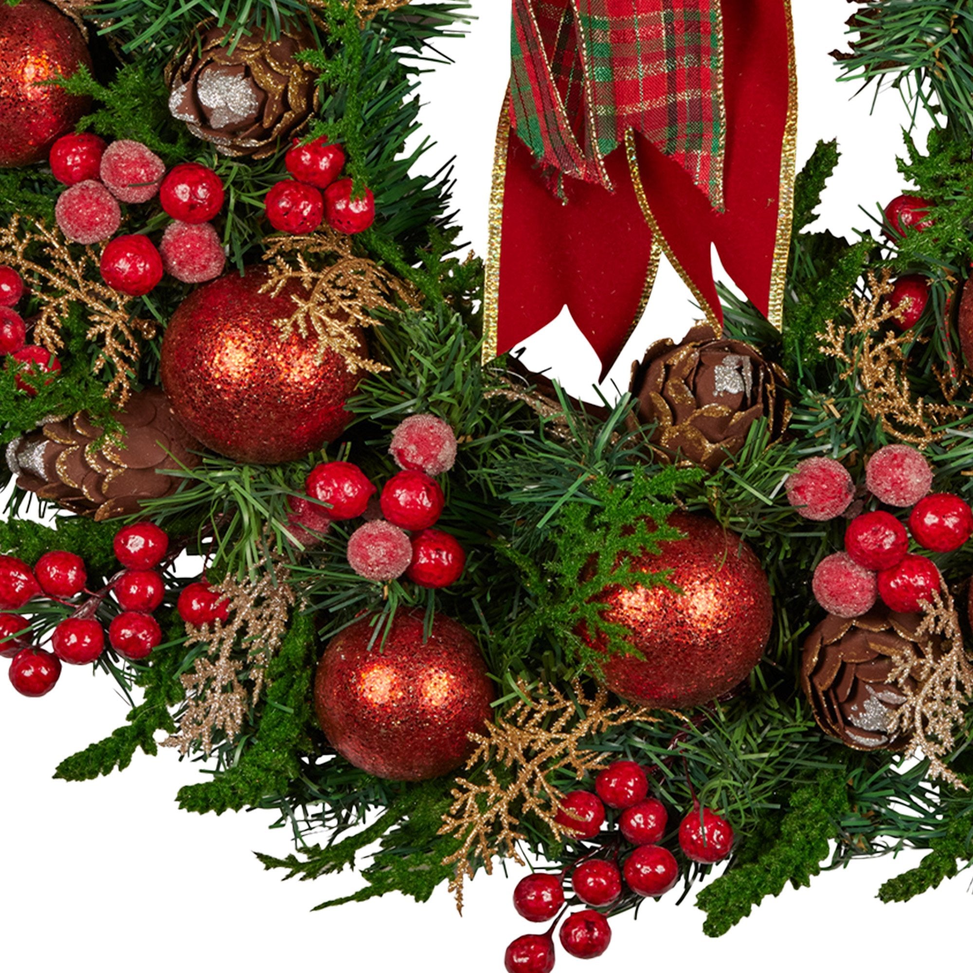 71CM Christmas Wreath with Red Baubles, Berries & Pine Cones