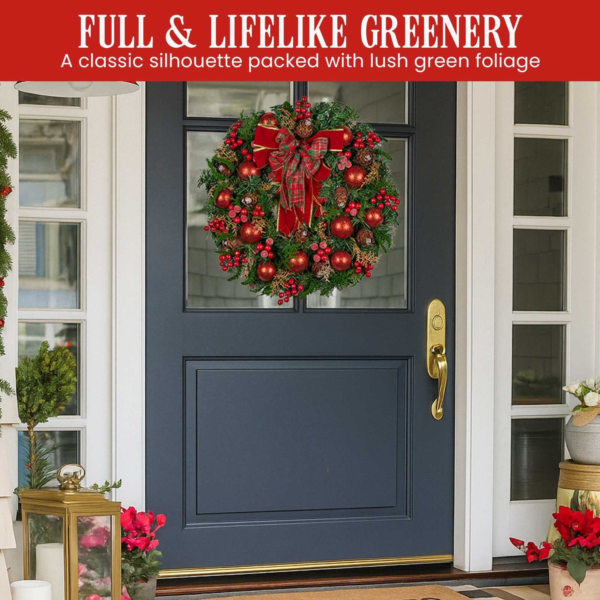 71CM Christmas Wreath with Red Baubles, Berries & Pine Cones