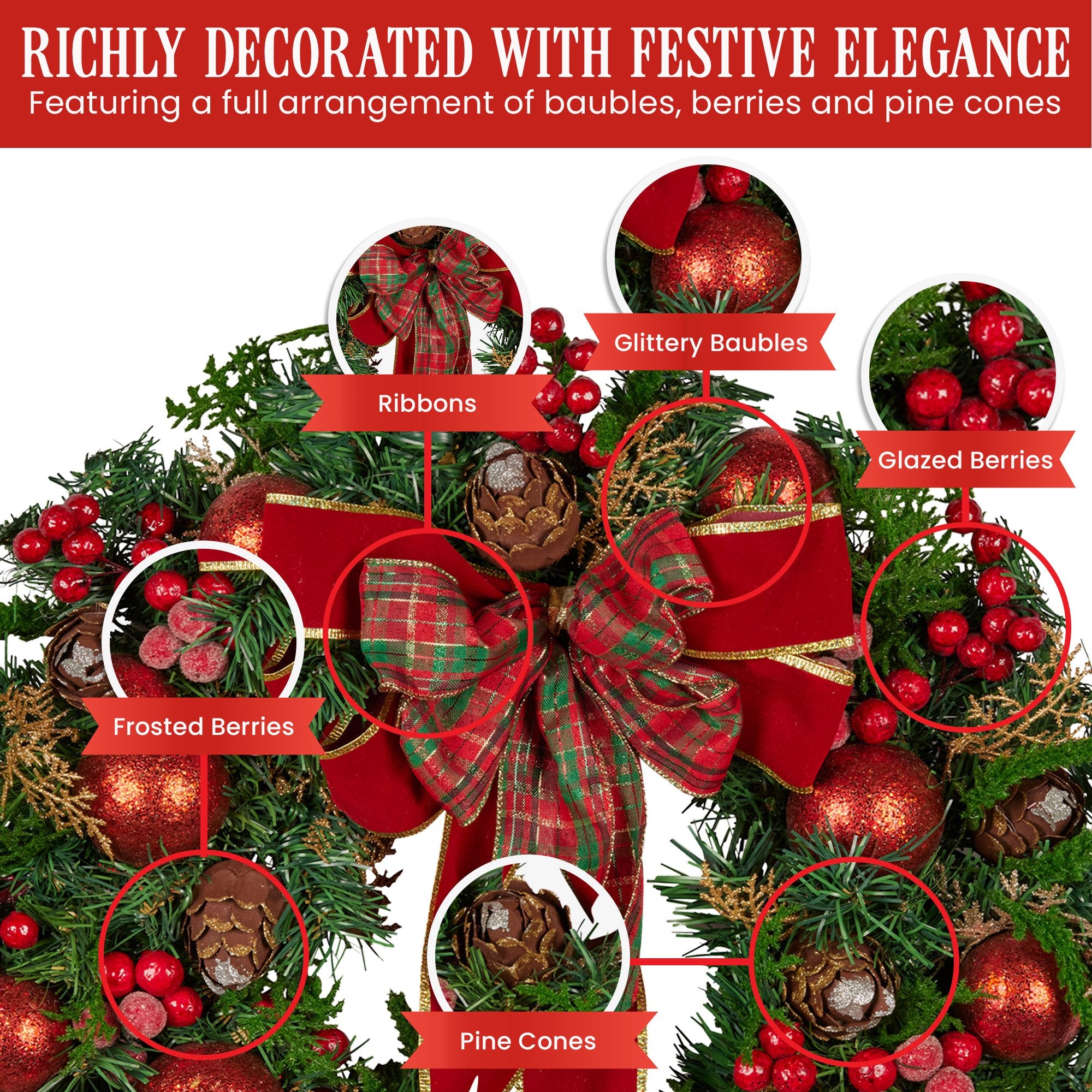 71CM Christmas Wreath with Red Baubles, Berries & Pine Cones
