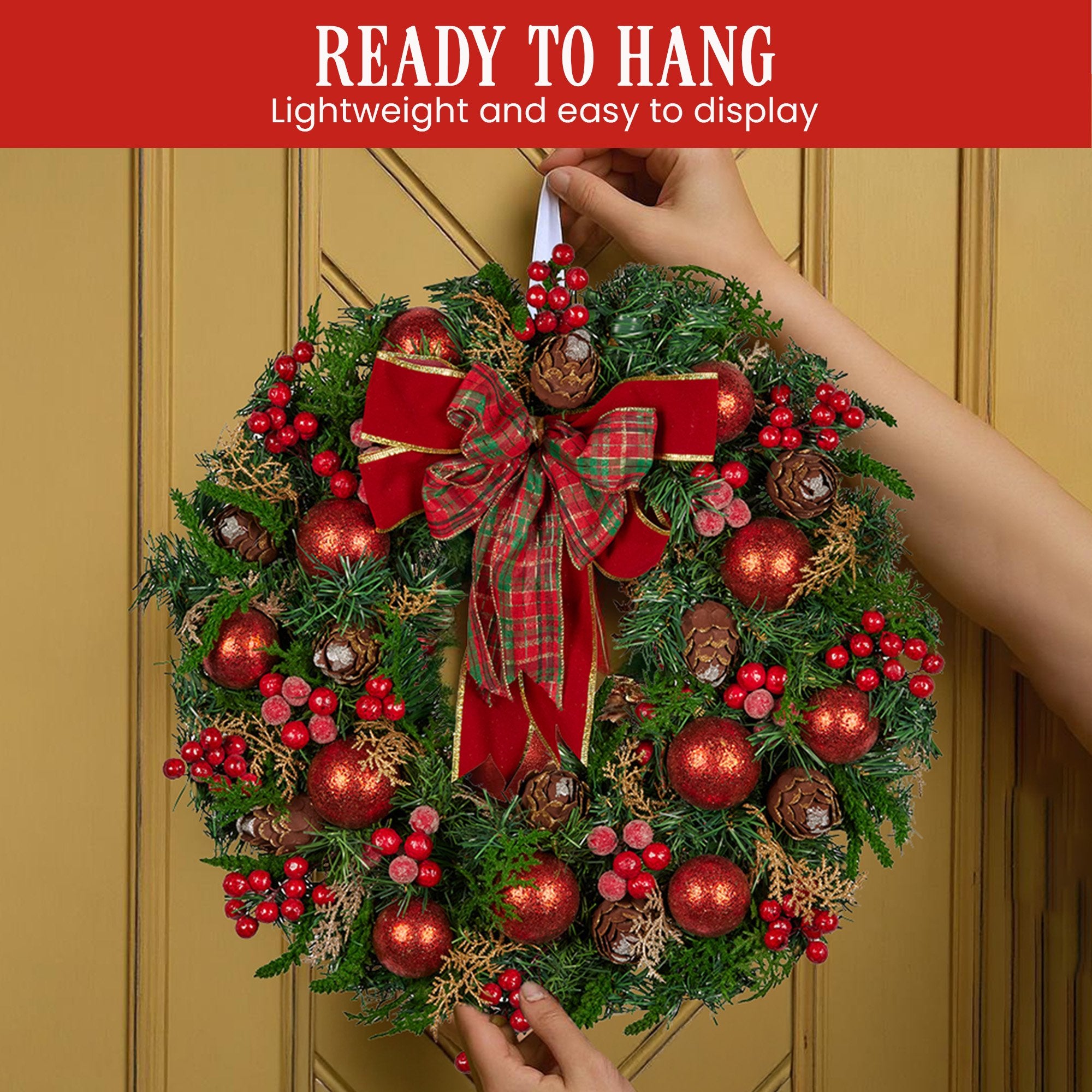 71CM Christmas Wreath with Red Baubles, Berries & Pine Cones