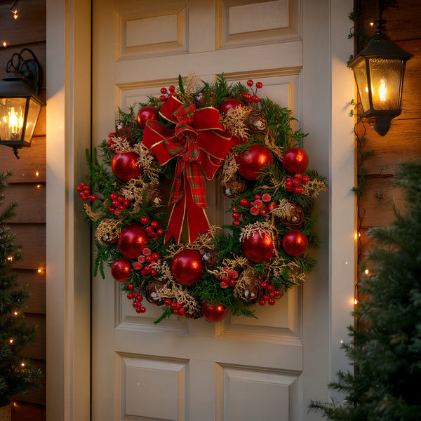 71CM Christmas Wreath – Red Berries, Baubles, Pine Cones & Ribbon