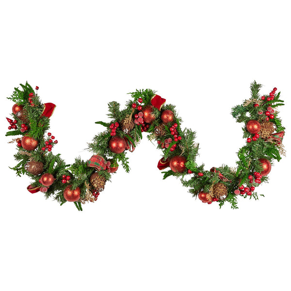 1.8M Pre-Decorated Christmas Garland – Baubles Berries Pine Cones Ribbon