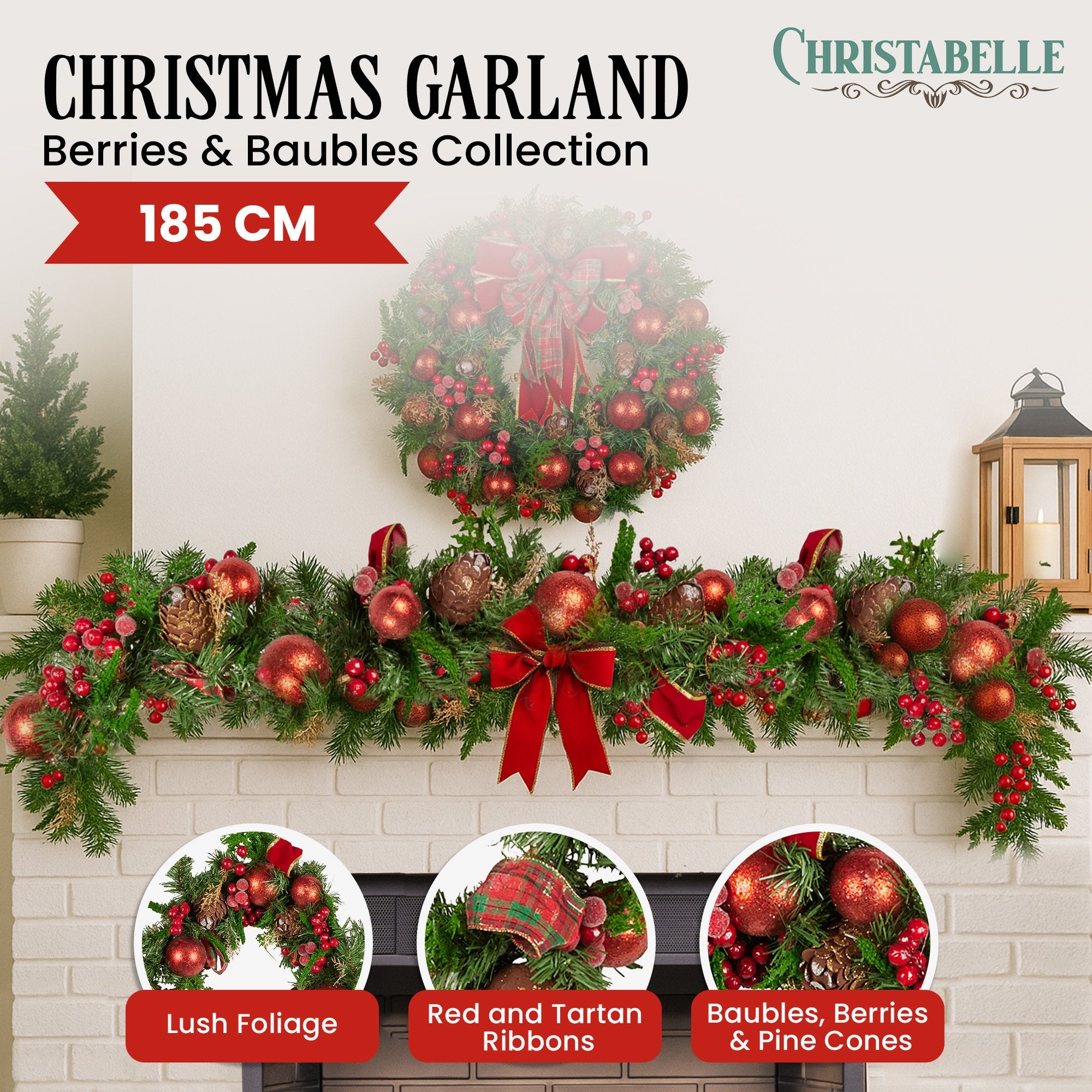 1.85M Pre-Decorated Christmas Garland with Berries, Pine Cones & Baubles