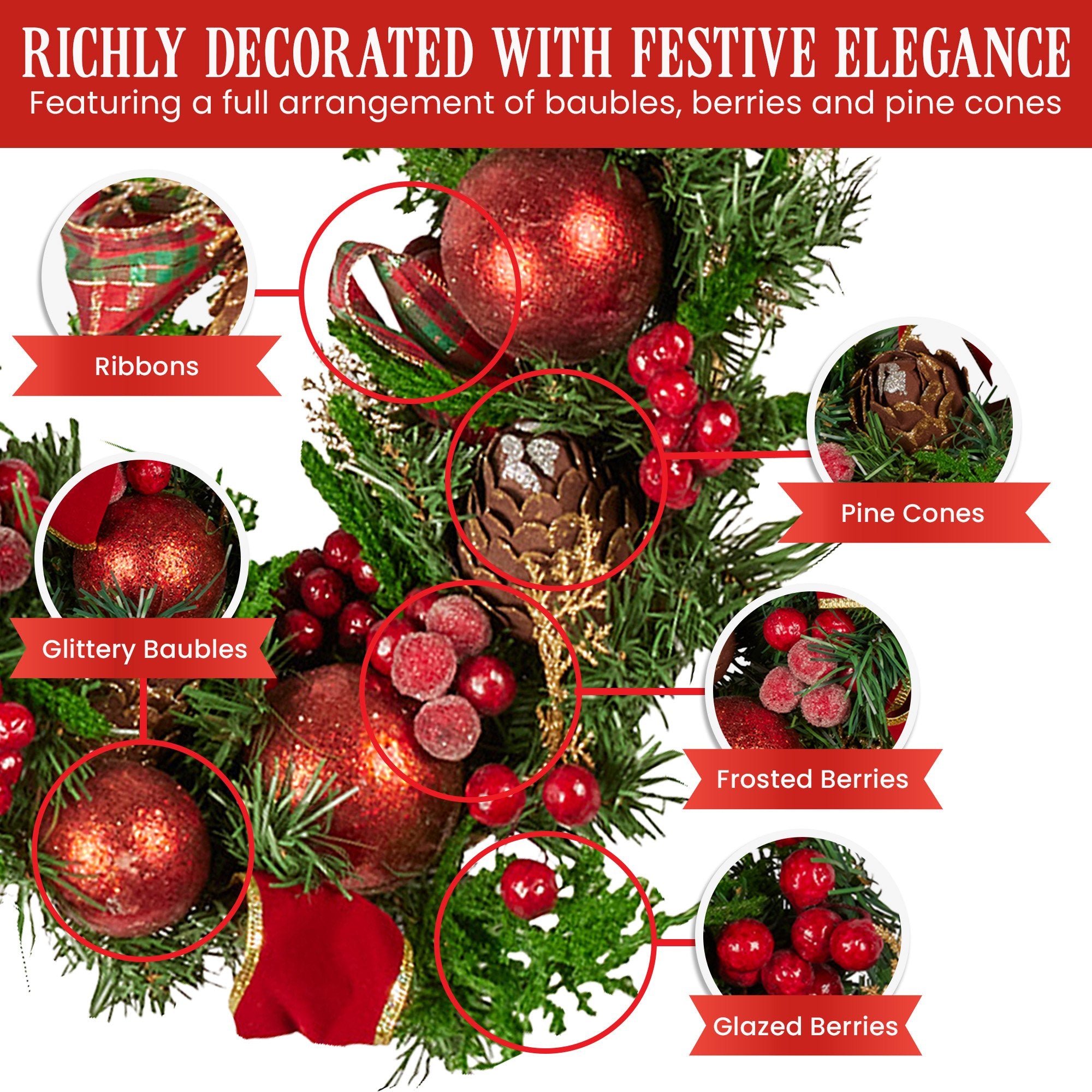 1.85M Pre-Decorated Christmas Garland with Berries, Pine Cones & Baubles