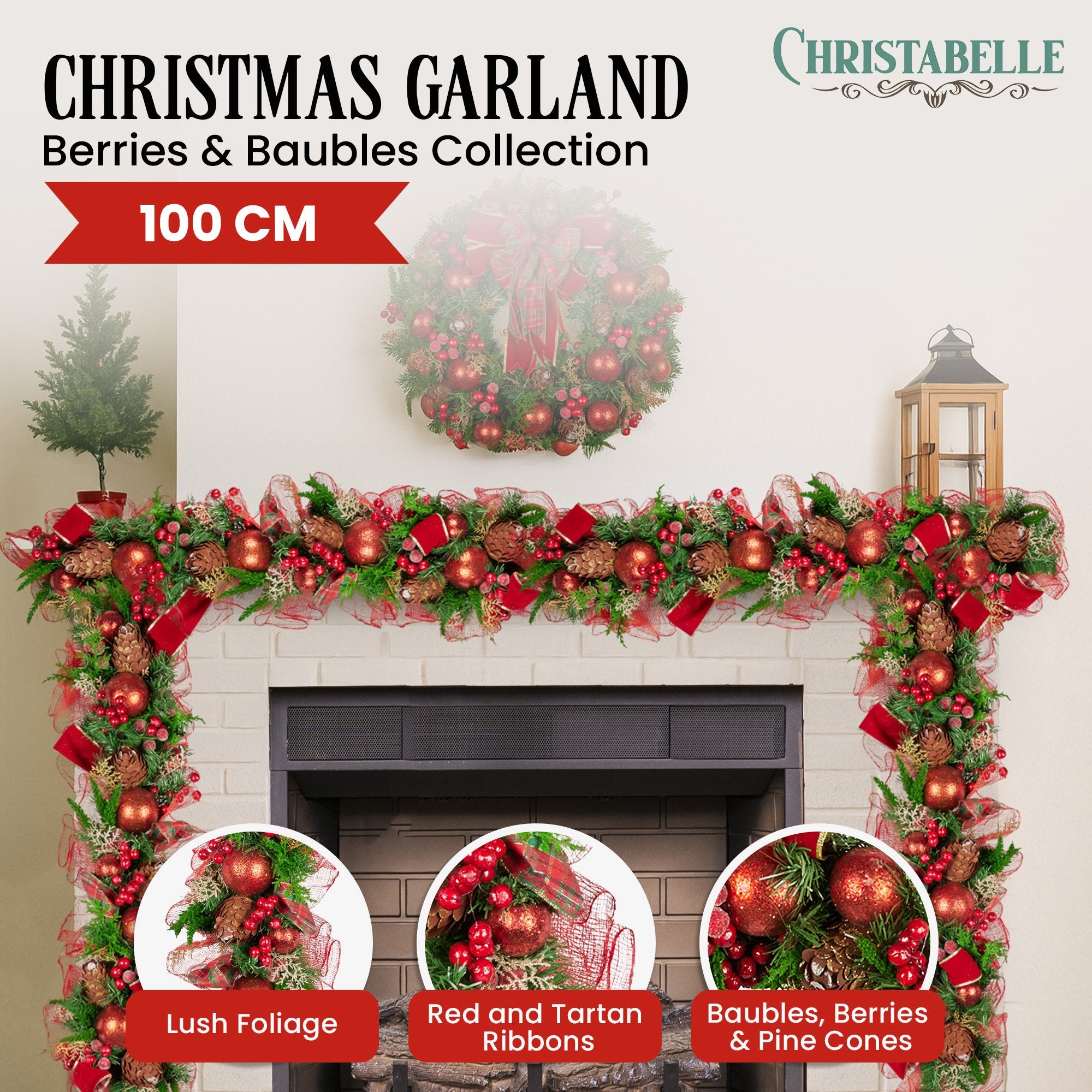 1M Pre-Decorated Christmas Garland with Berries, Pine Cones & Baubles