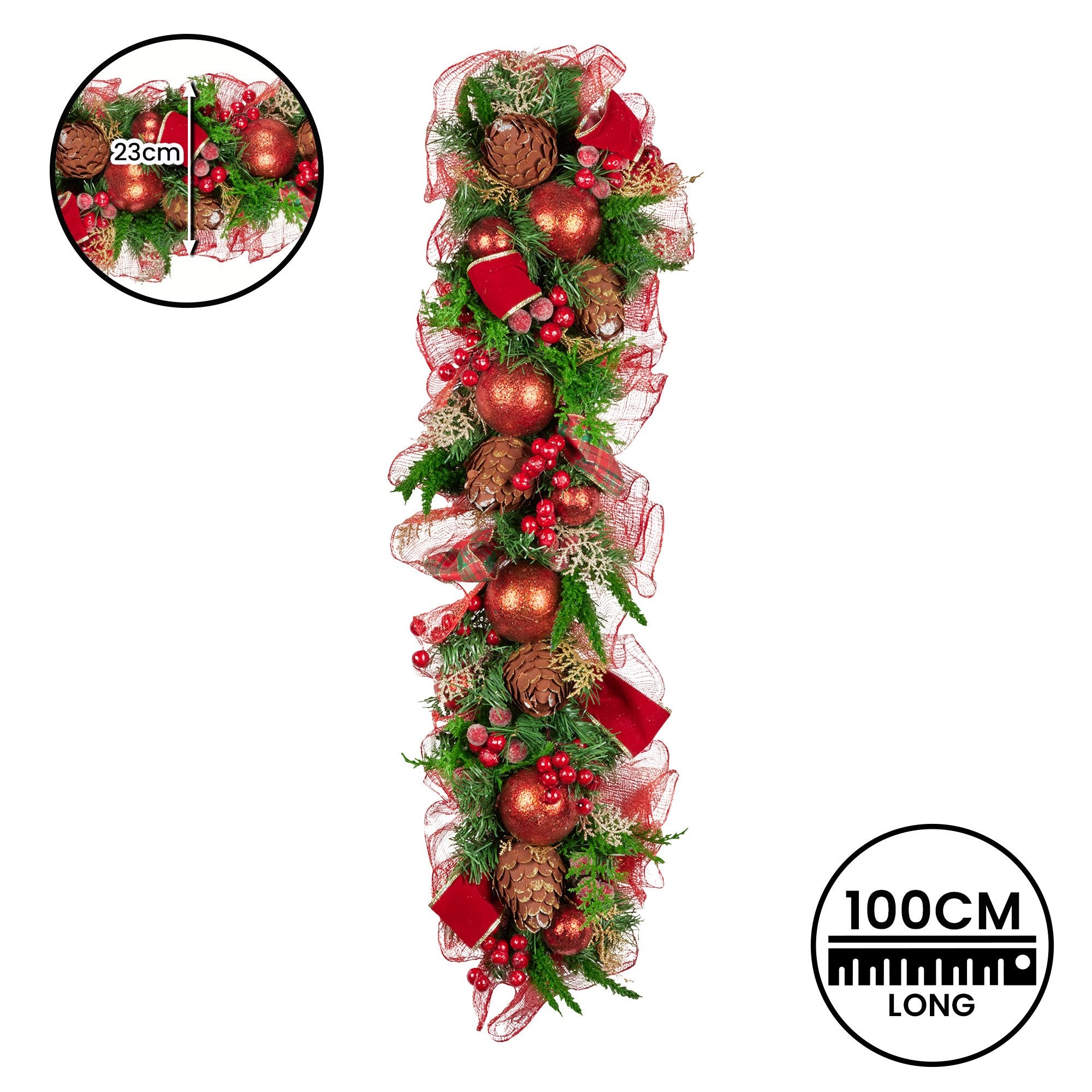 1M Pre-Decorated Christmas Garland with Berries, Pine Cones & Baubles