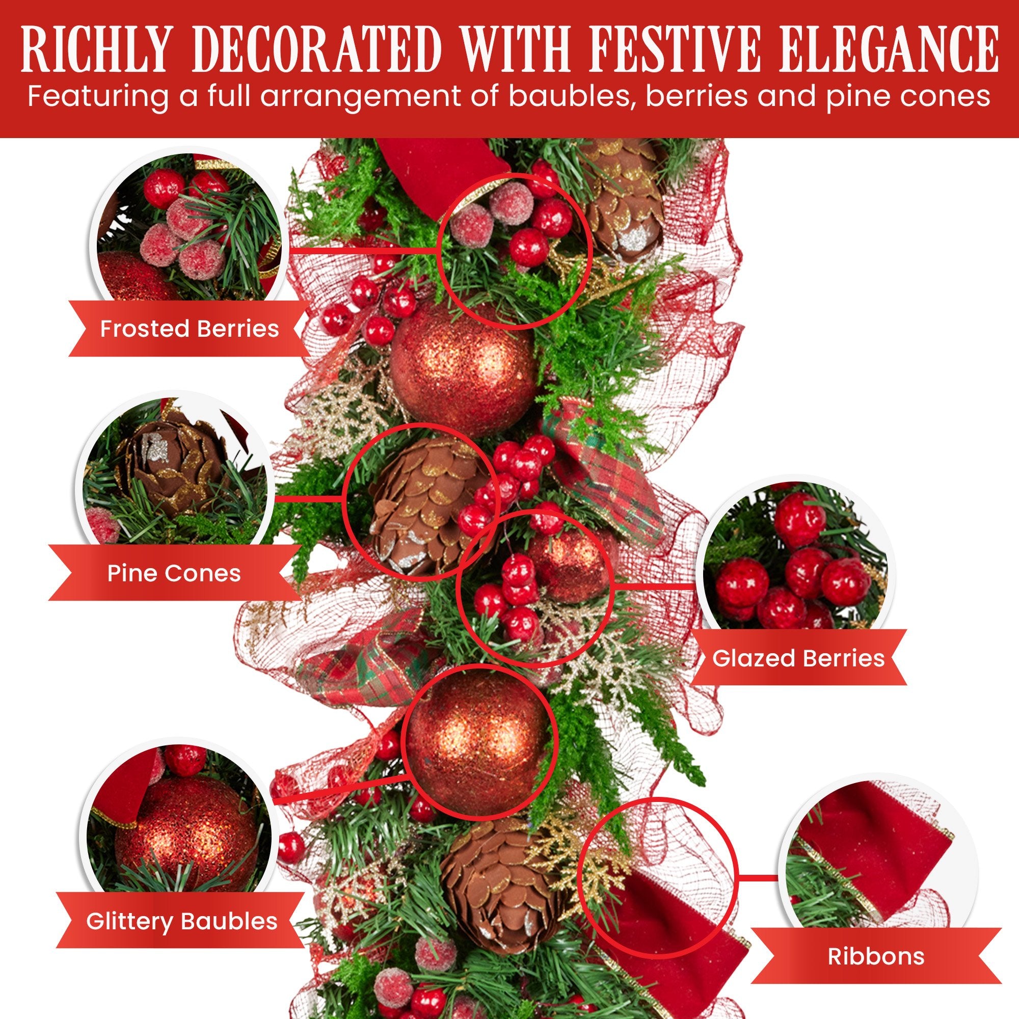 1M Pre-Decorated Christmas Garland with Berries, Pine Cones & Baubles