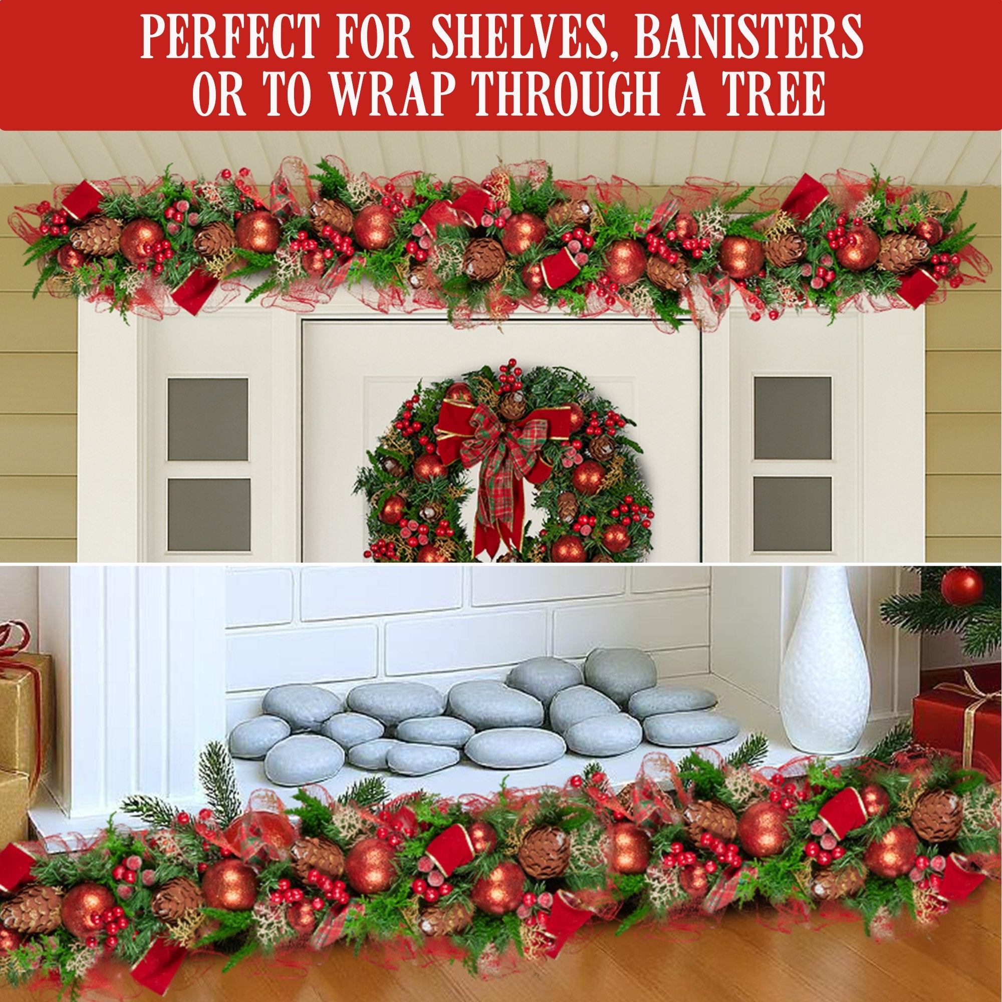 1M Pre-Decorated Christmas Garland with Berries, Pine Cones & Baubles