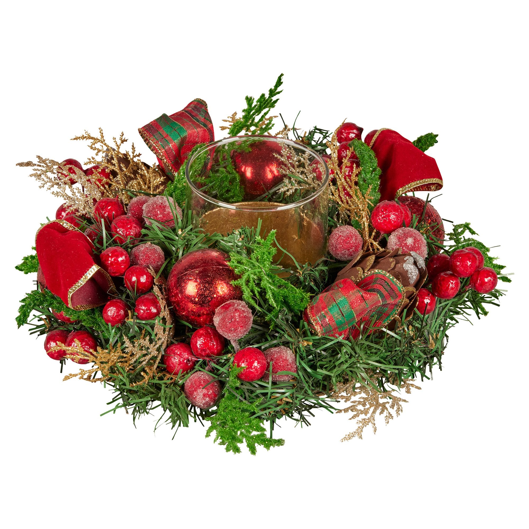26CM Pre-Decorated Christmas Centrepiece – Candle Holder Berries Pine Cones