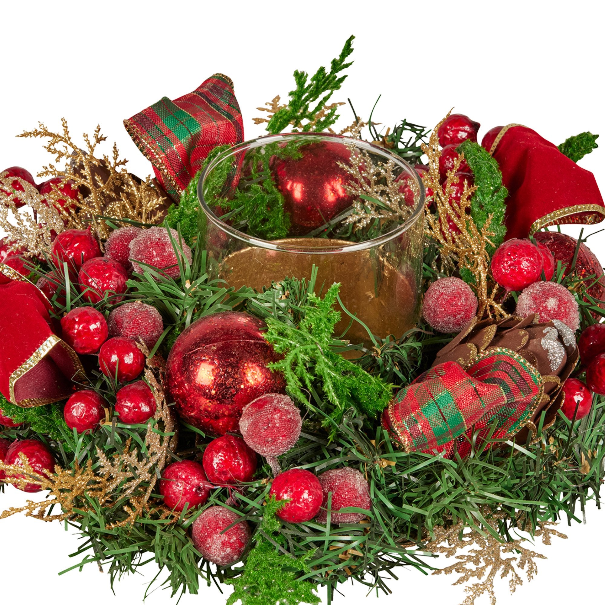 26CM Pre-Decorated Christmas Centrepiece – Candle Holder Berries Pine Cones