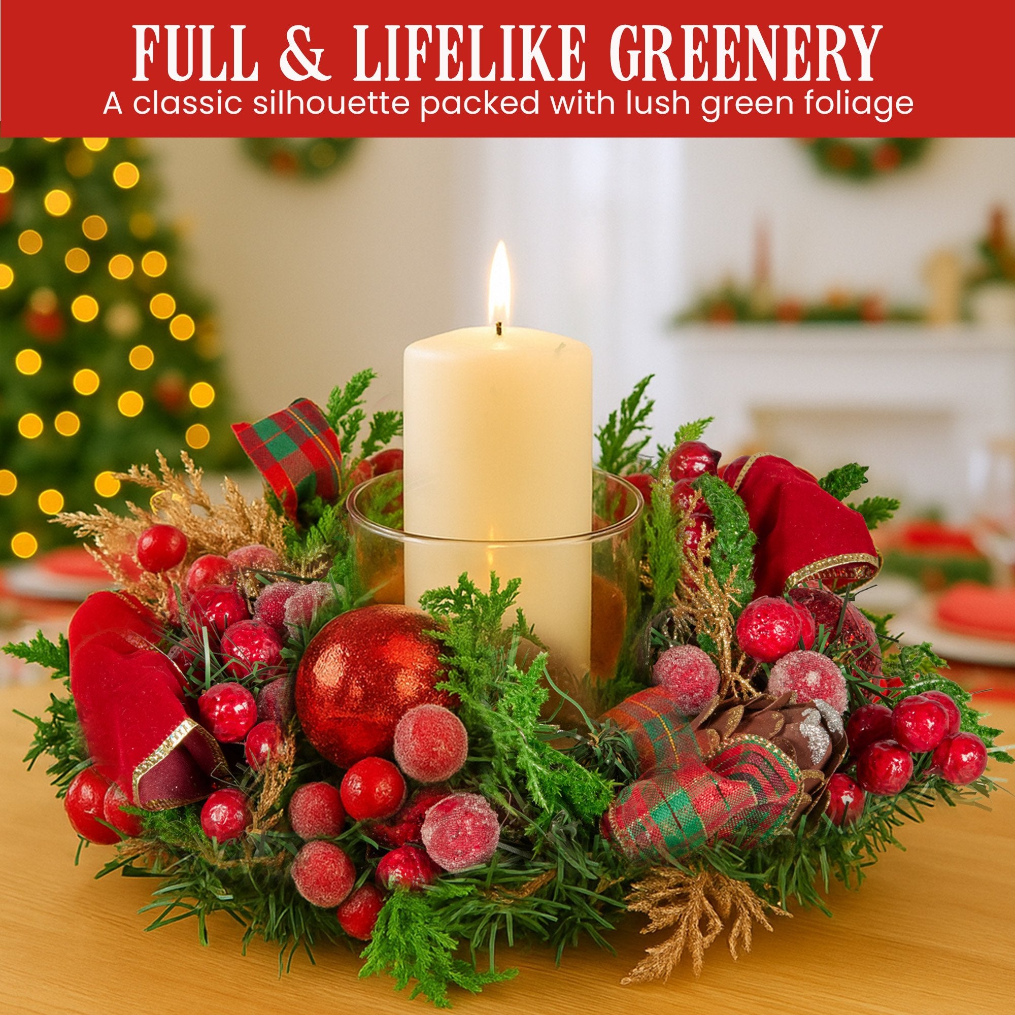 26CM Pre-Decorated Christmas Centrepiece – Candle Holder Berries Pine Cones