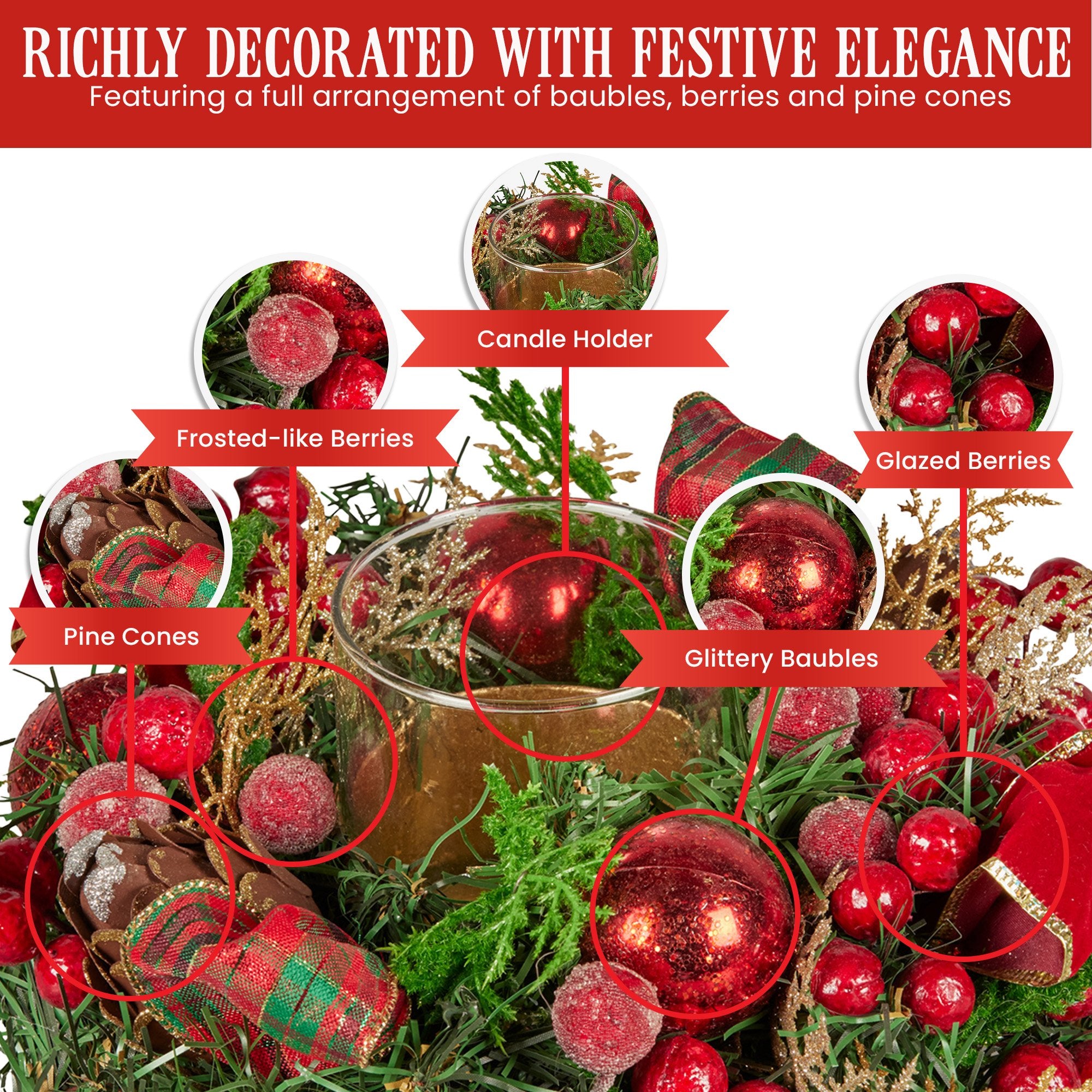 26CM Pre-Decorated Christmas Centrepiece – Candle Holder Berries Pine Cones