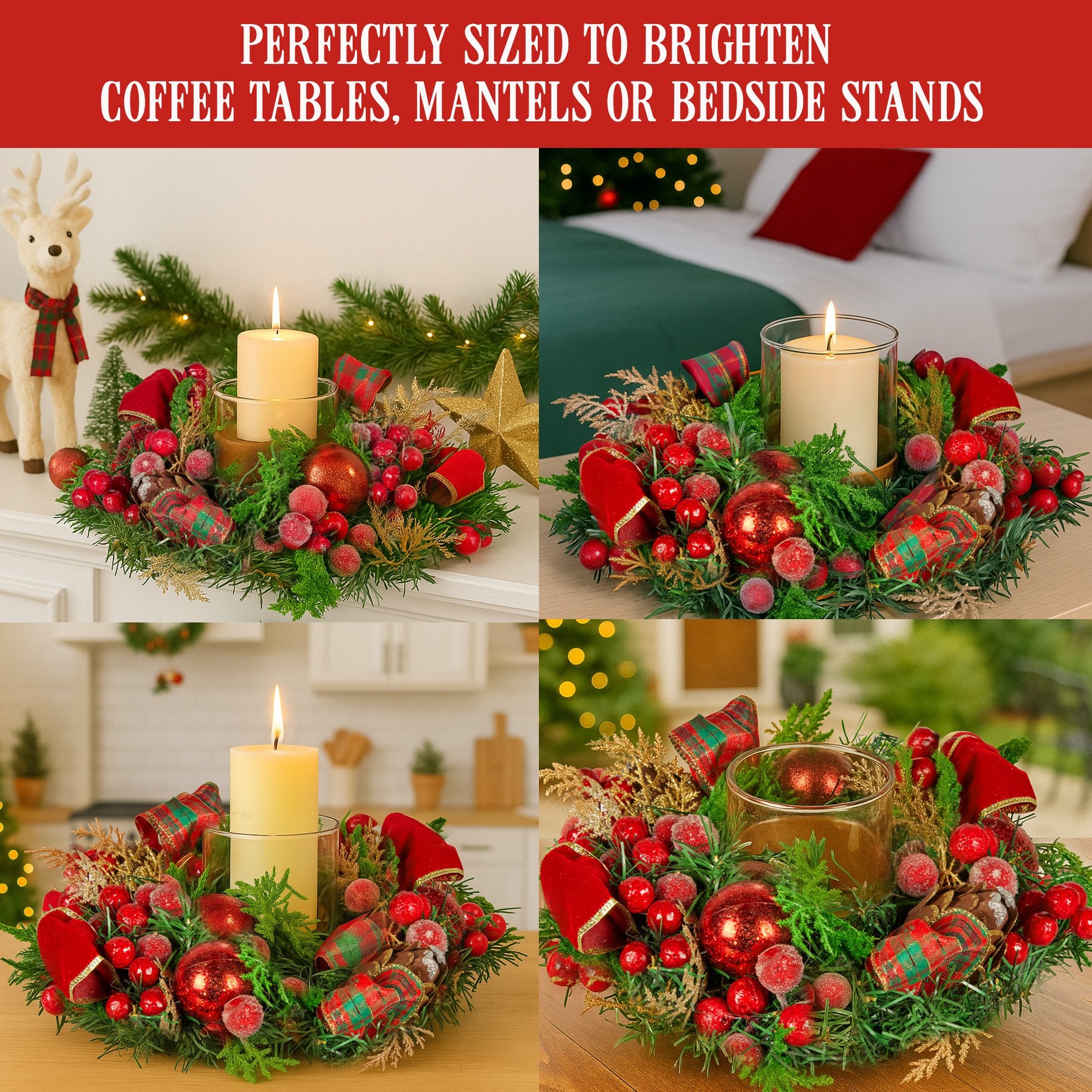 26CM Pre-Decorated Christmas Centrepiece – Candle Holder Berries Pine Cones