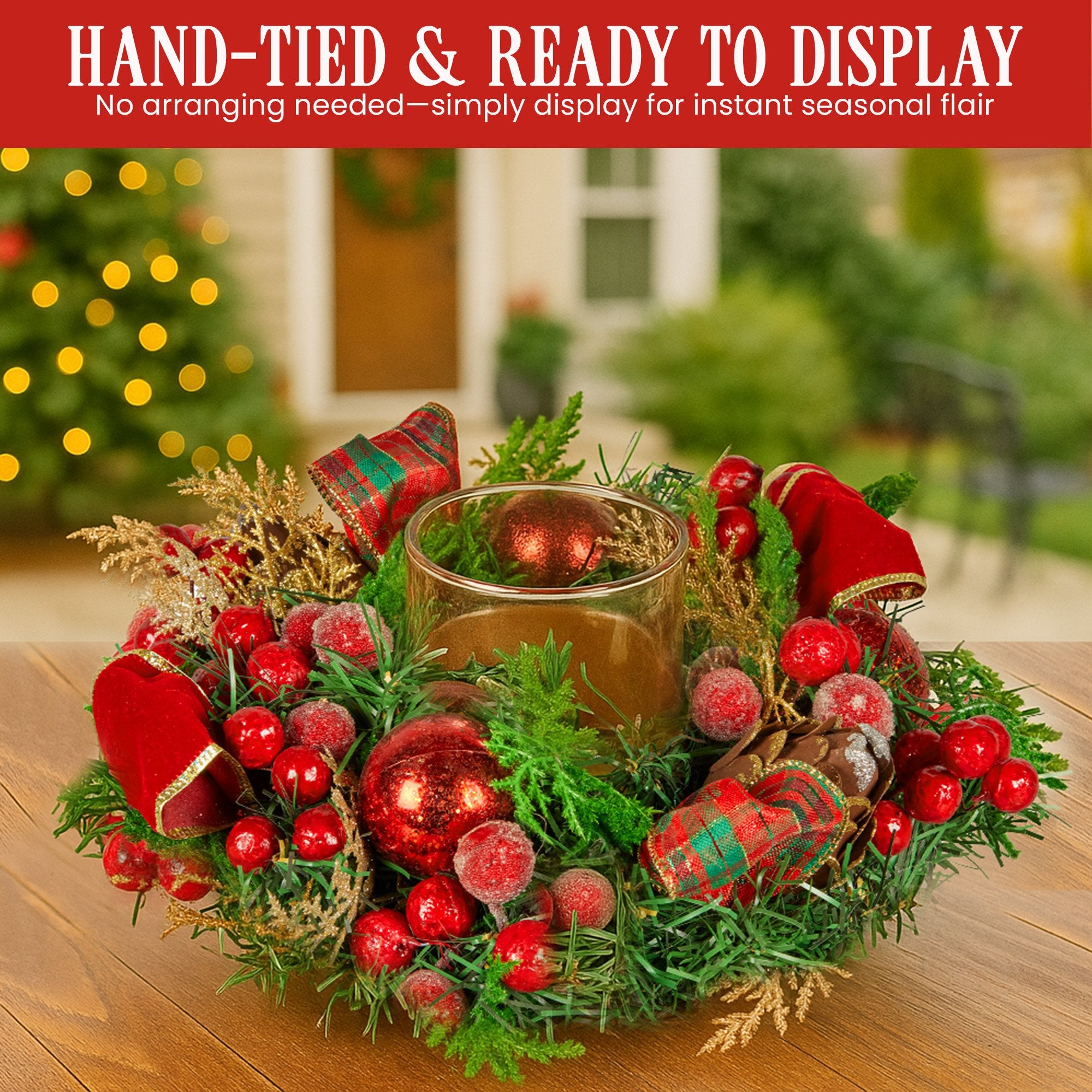 26CM Pre-Decorated Christmas Centrepiece – Candle Holder Berries Pine Cones