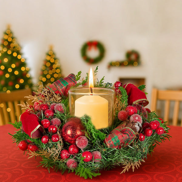 26CM Pre-Decorated Christmas Centrepiece with Hurricane Candle Holder
