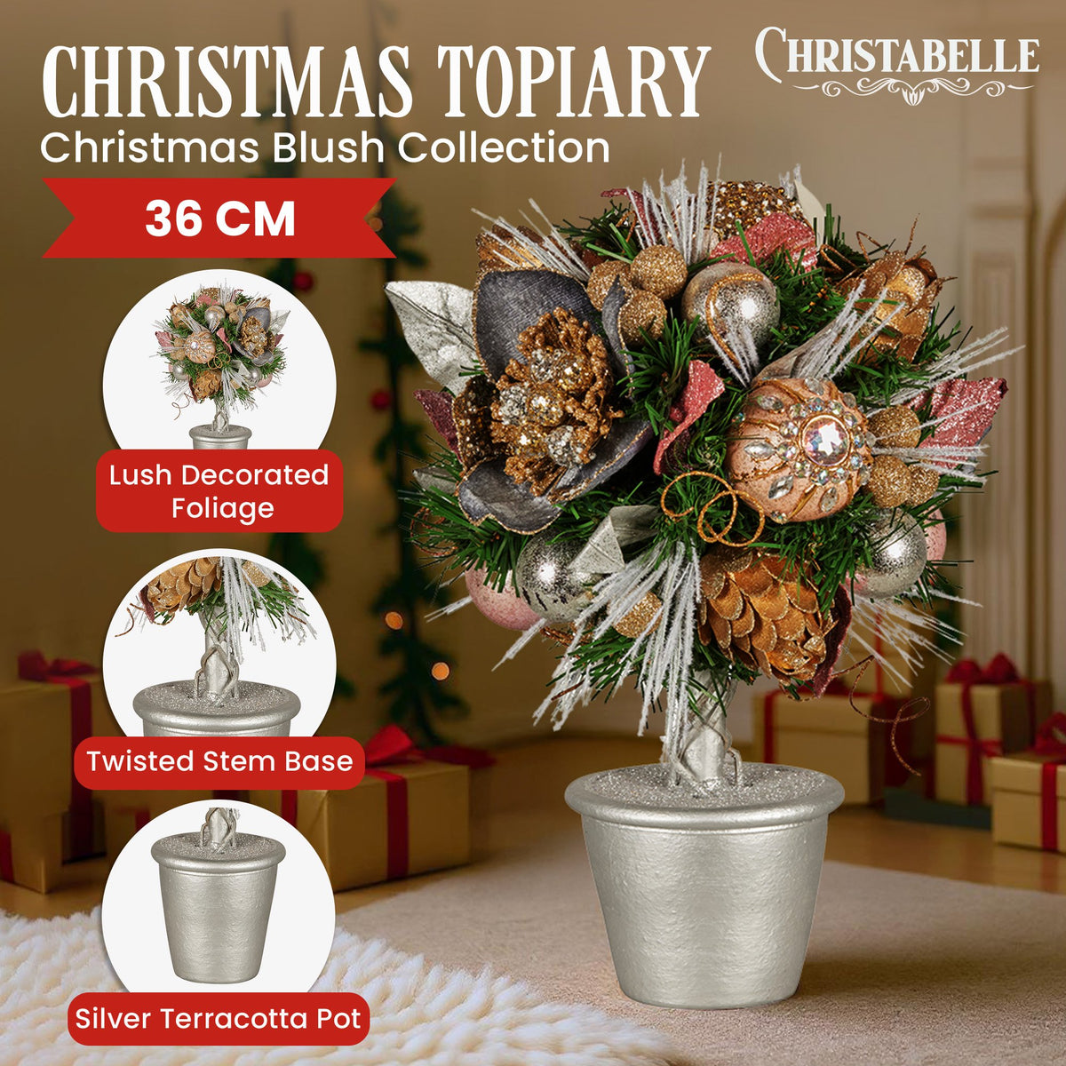 36CM Pre-Decorated Christmas Topiary Tree with Jewelled Baubles & Flowers
