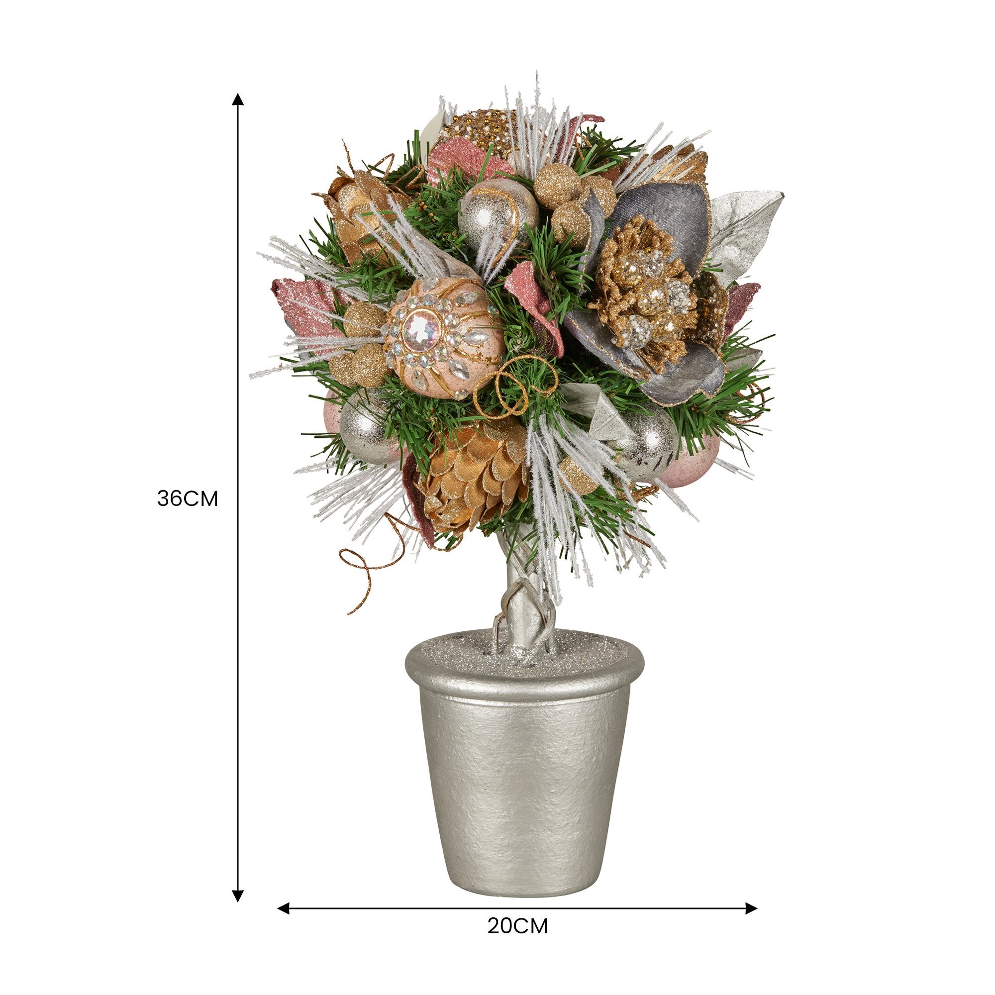 36CM Pre-Decorated Christmas Topiary Tree with Jewelled Baubles & Flowers