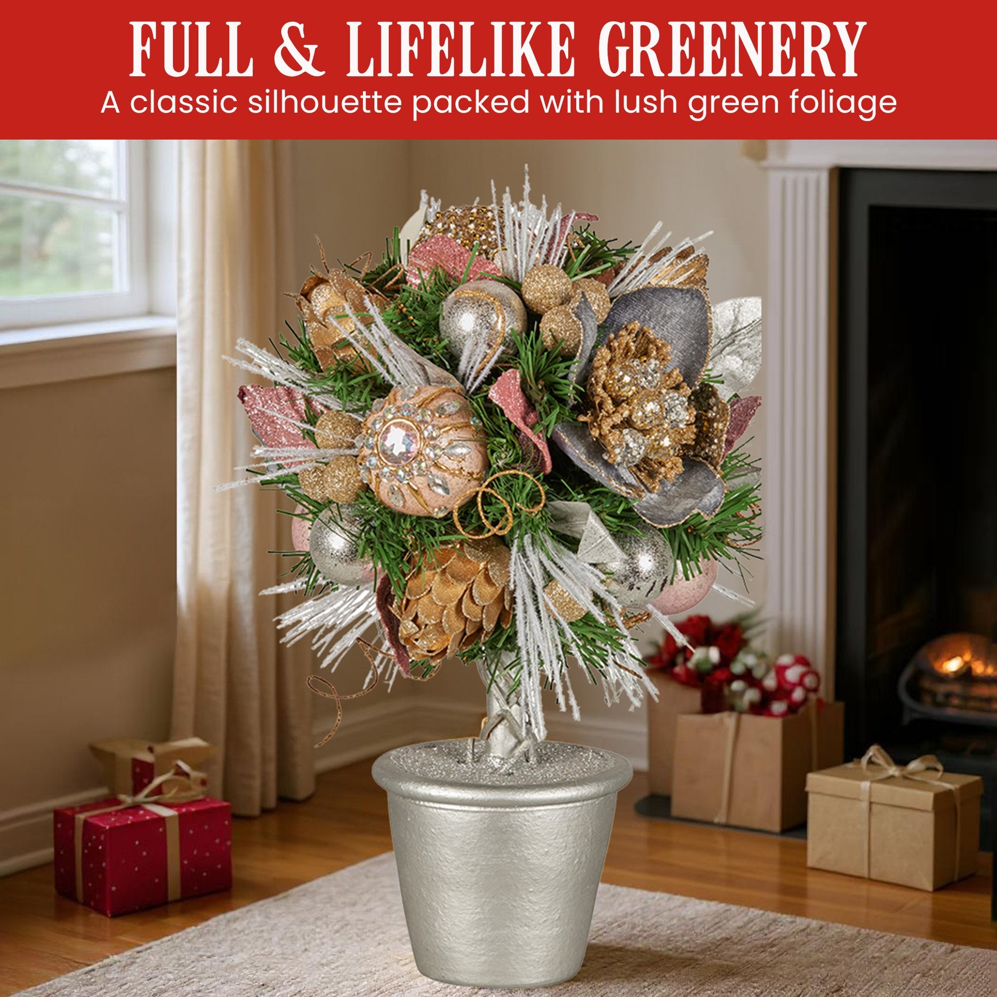36CM Pre-Decorated Christmas Topiary Tree with Jewelled Baubles & Flowers