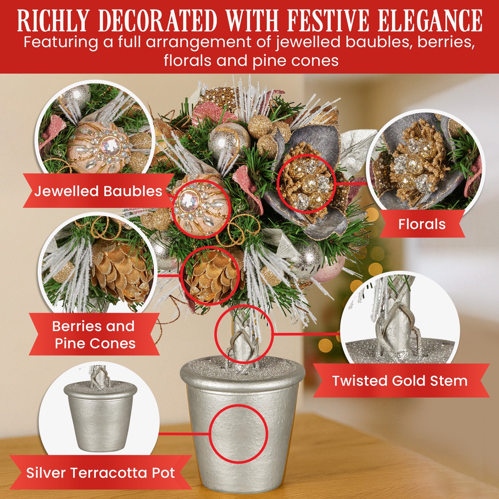 36CM Pre-Decorated Christmas Topiary Tree with Jewelled Baubles & Flowers