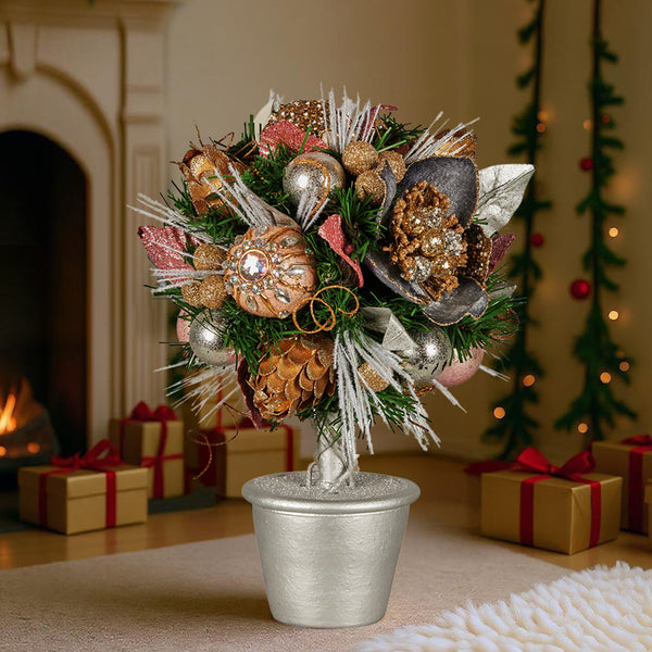 36CM Decorated Topiary Christmas Tree – Jeweled Baubles, Berries & Pine Cones