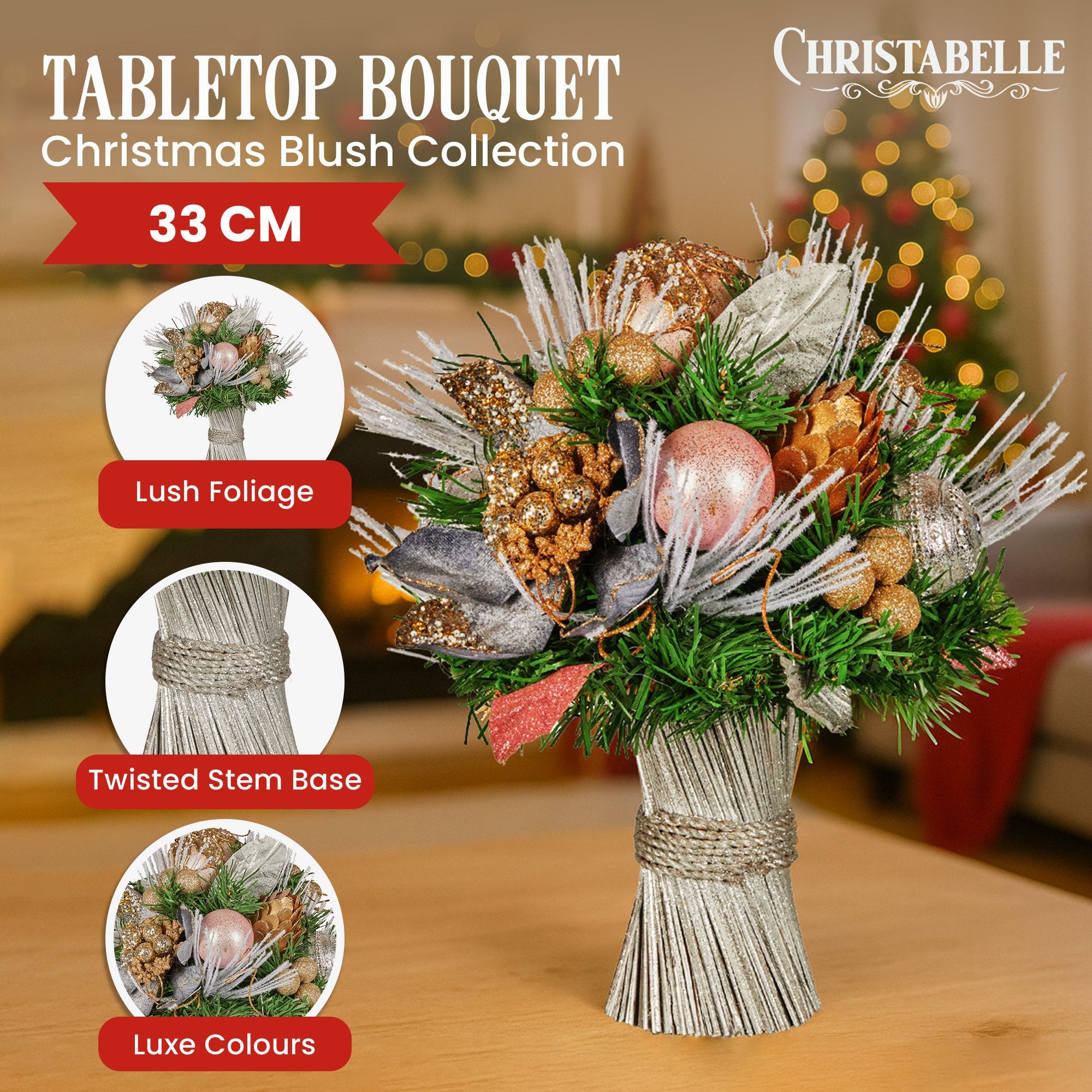 33CM Pre-Decorated Christmas Bouquet with Jewelled Baubles & Flowers