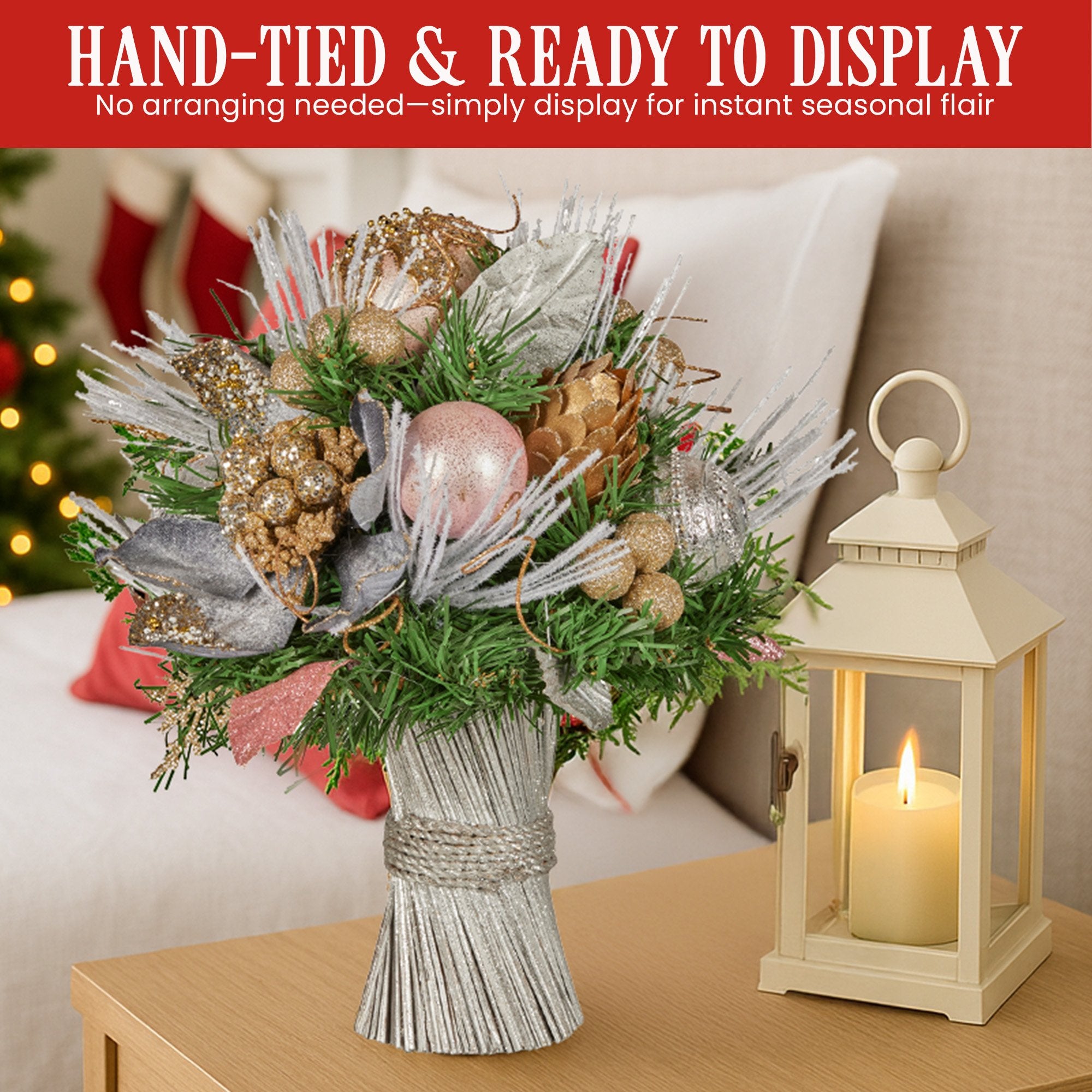 33CM Decorated Christmas Bouquet – Jeweled Baubles, Berries, Flowers & Pine Cones