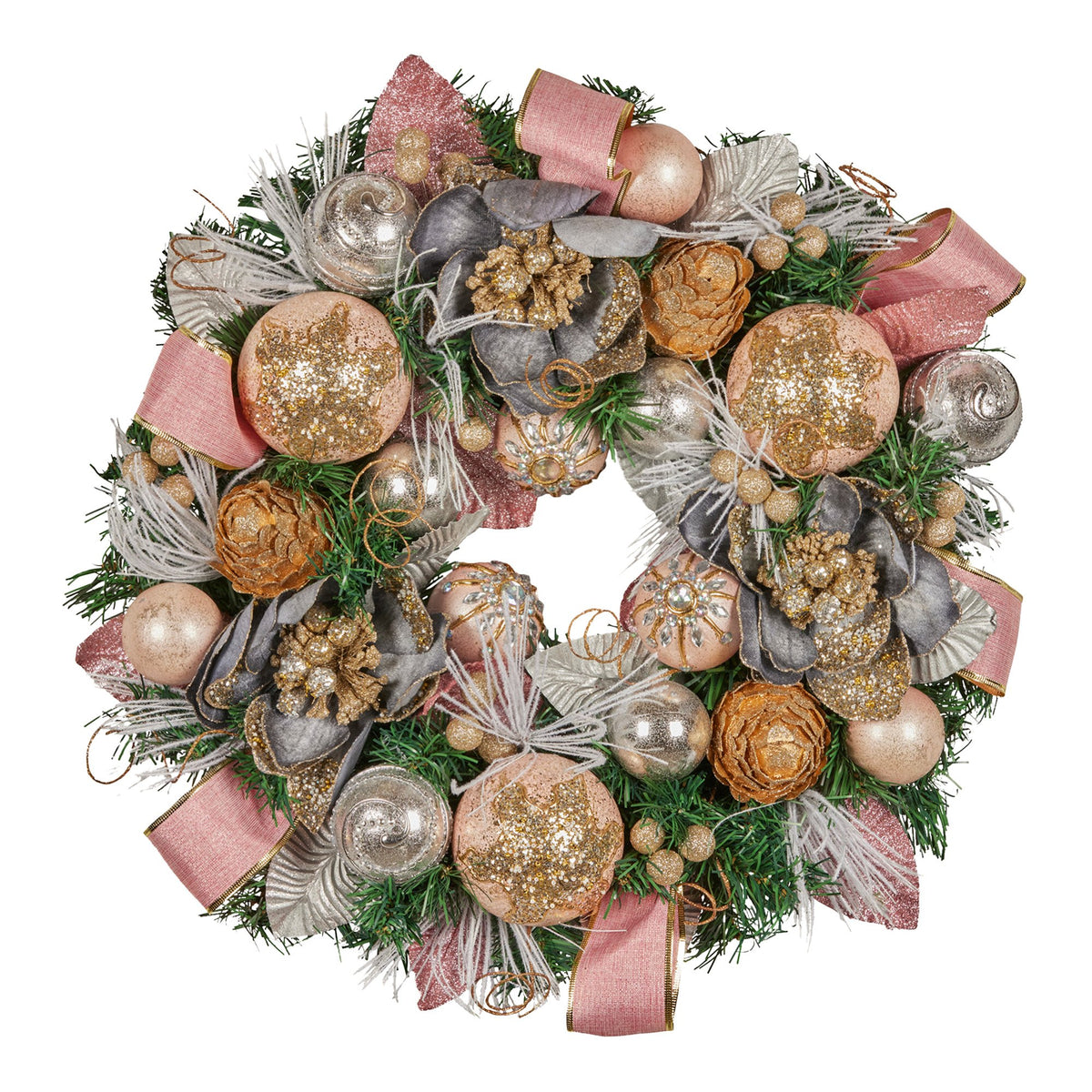 56CM Christmas Wreath – Baubles, Flowers, Ribbon & Pine Cones