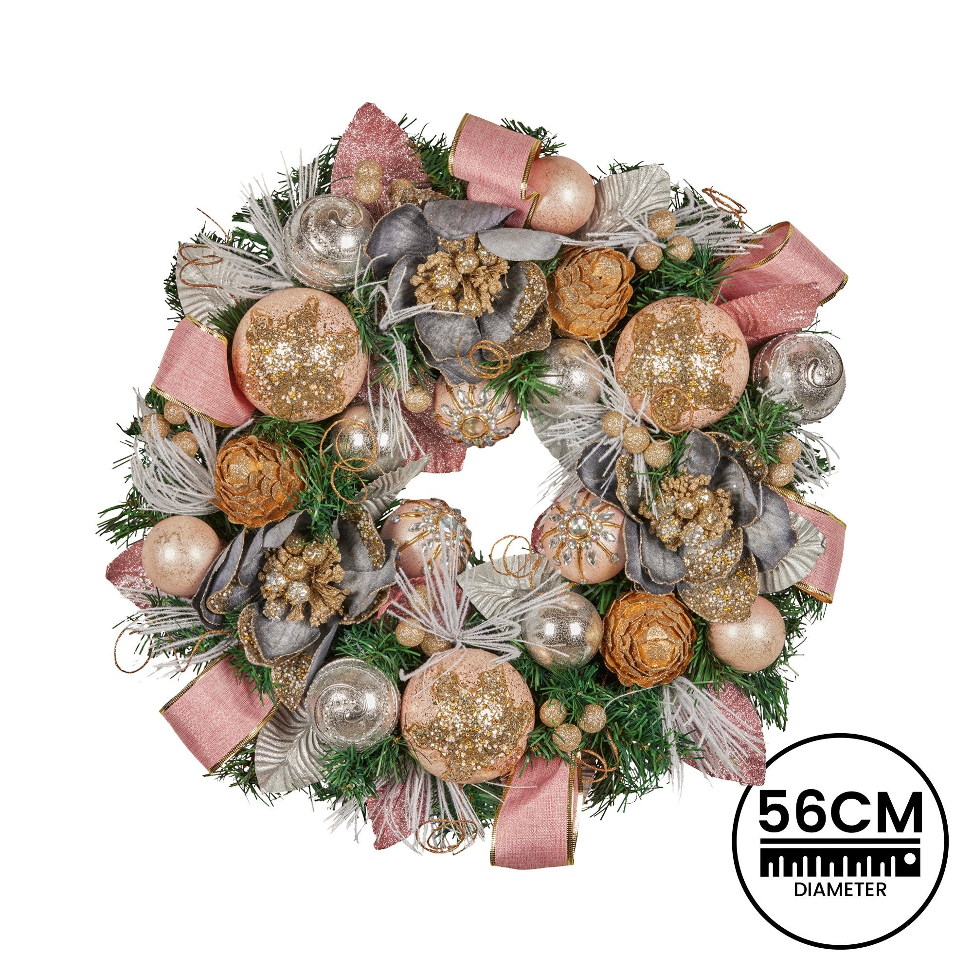 56CM Pre-Decorated Christmas Wreath with Jewelled Baubles, Flowers & Ribbons
