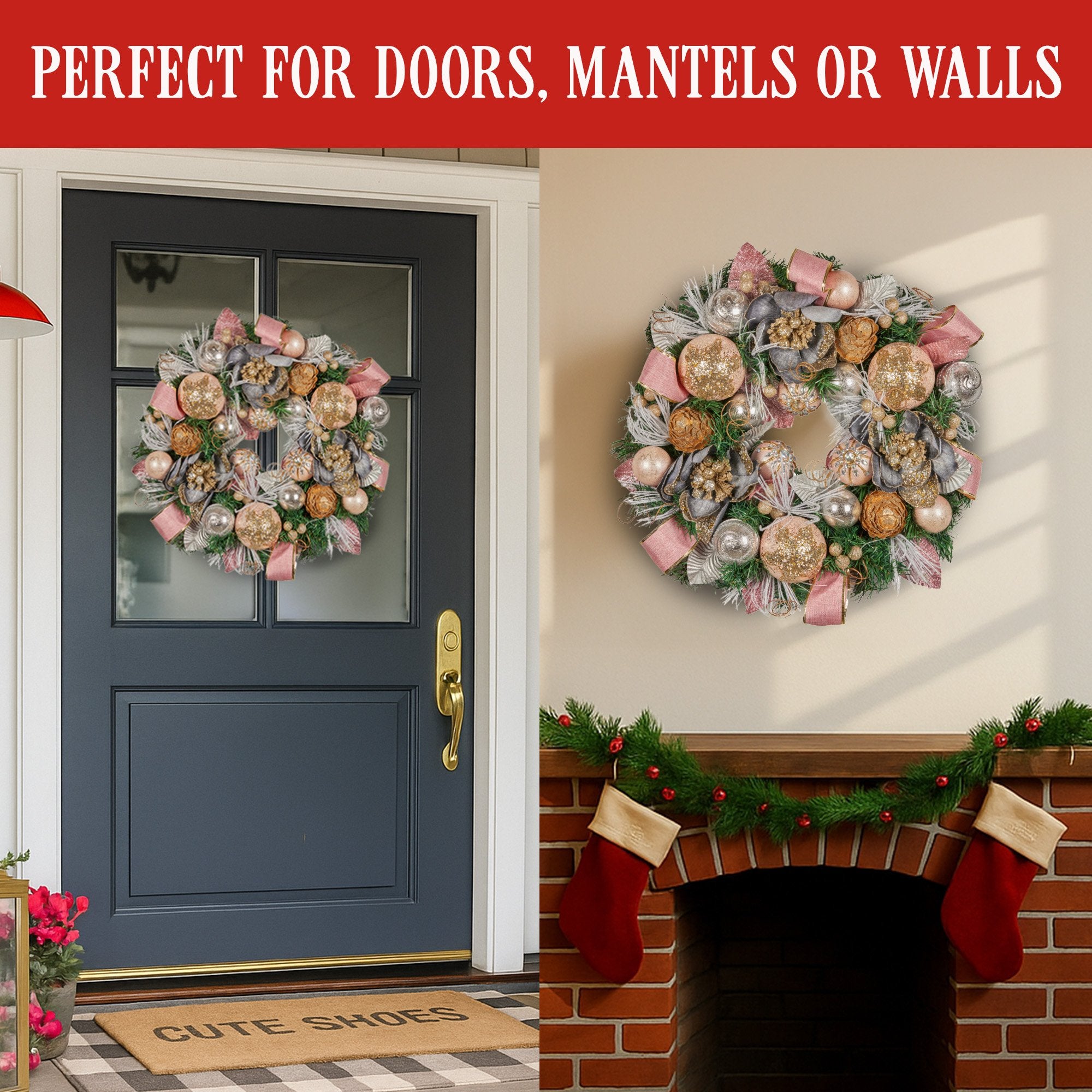 56CM Pre-Decorated Christmas Wreath with Jewelled Baubles, Flowers & Ribbons