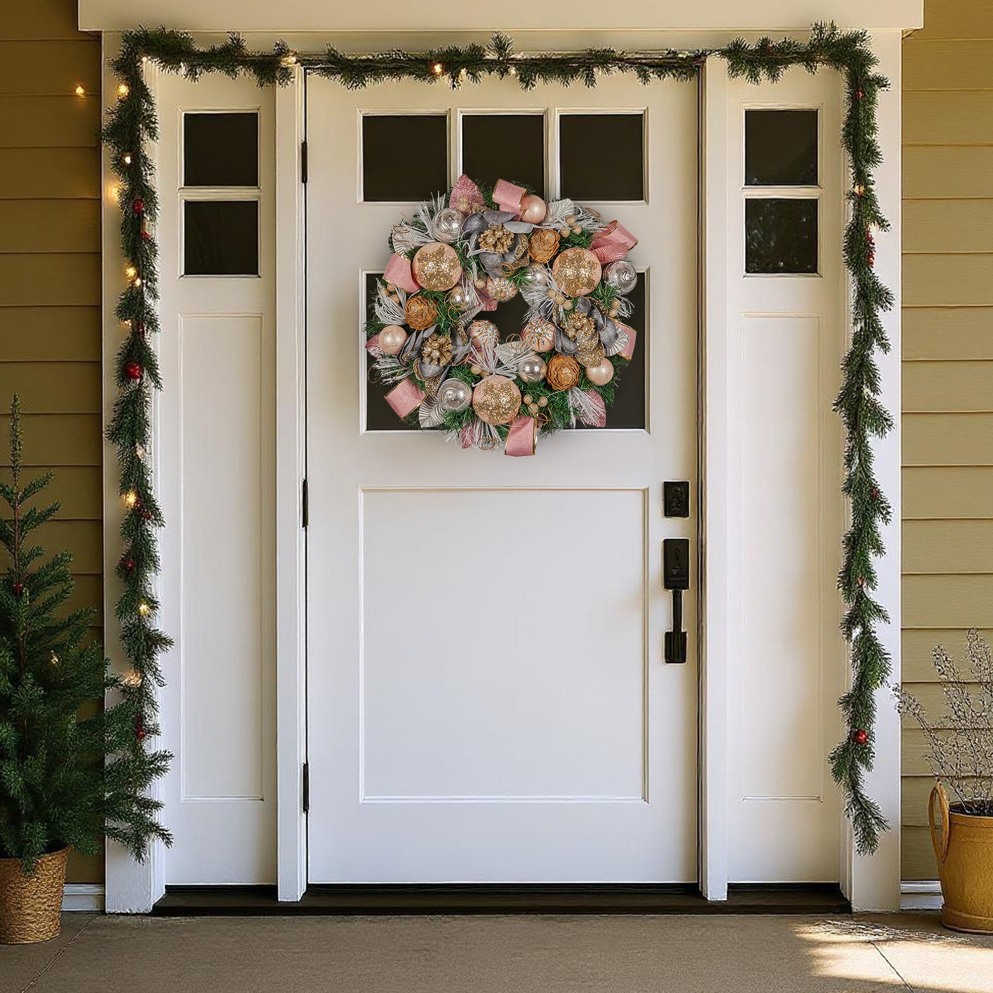 56CM Pre-Decorated Christmas Wreath with Jewelled Baubles, Flowers & Ribbons