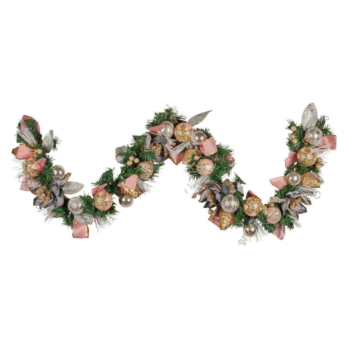 1.8M Pre-Decorated Christmas Garland – Baubles Flowers Ribbon Berries