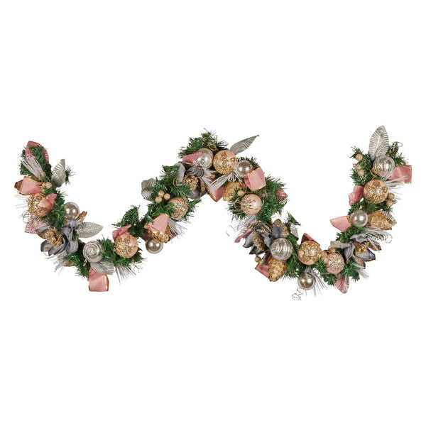 1.8M Pre-Decorated Christmas Garland – Baubles Flowers Ribbon Berries
