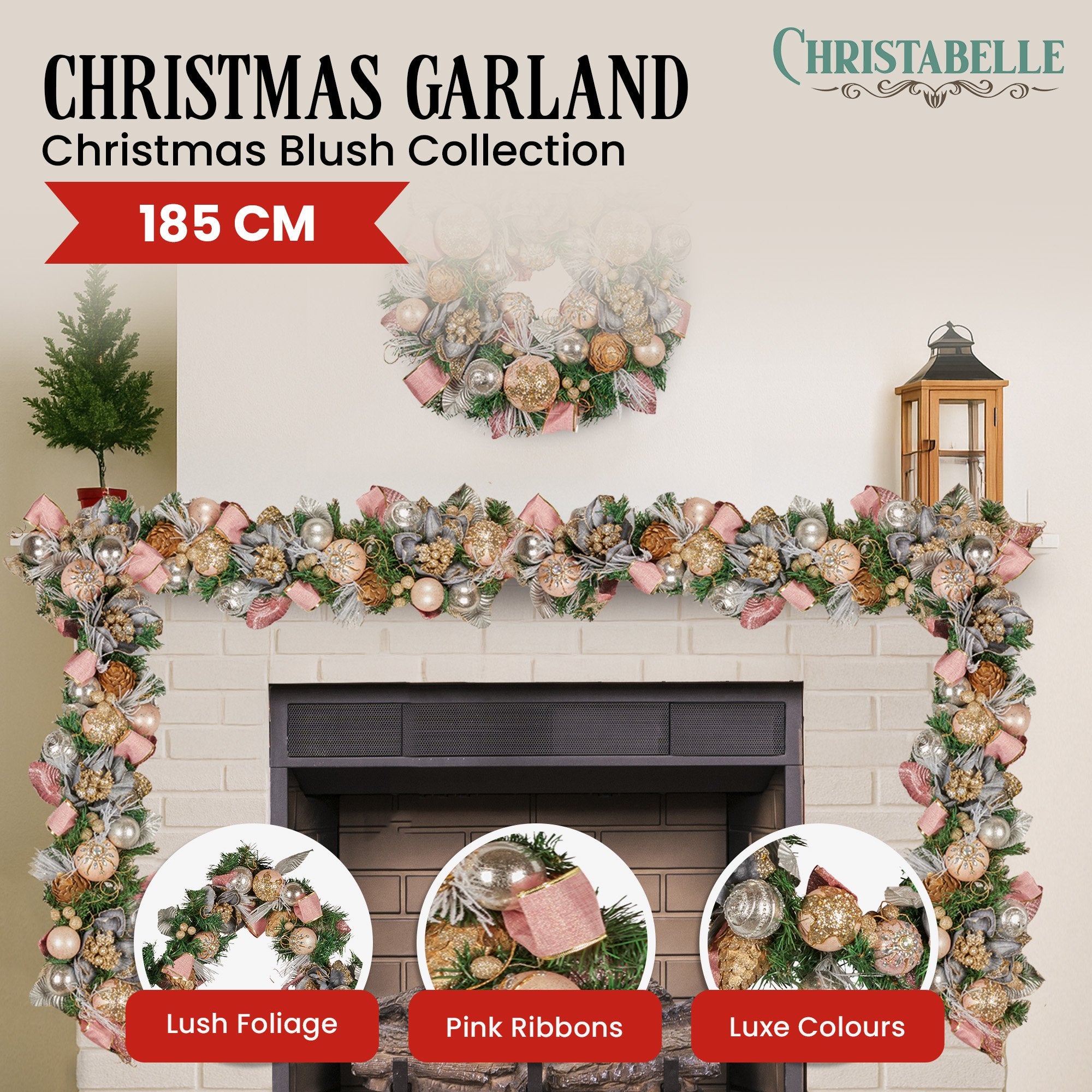 1.85M Pre-Decorated Christmas Garland with Jewelled Baubles & Flowers