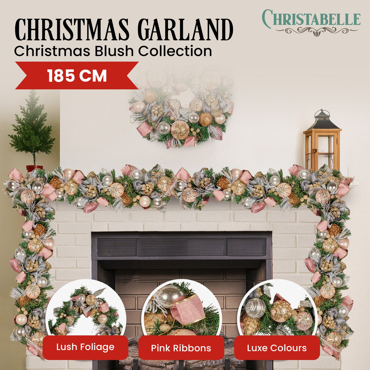 1.85M Pre-Decorated Christmas Garland with Jewelled Baubles & Flowers