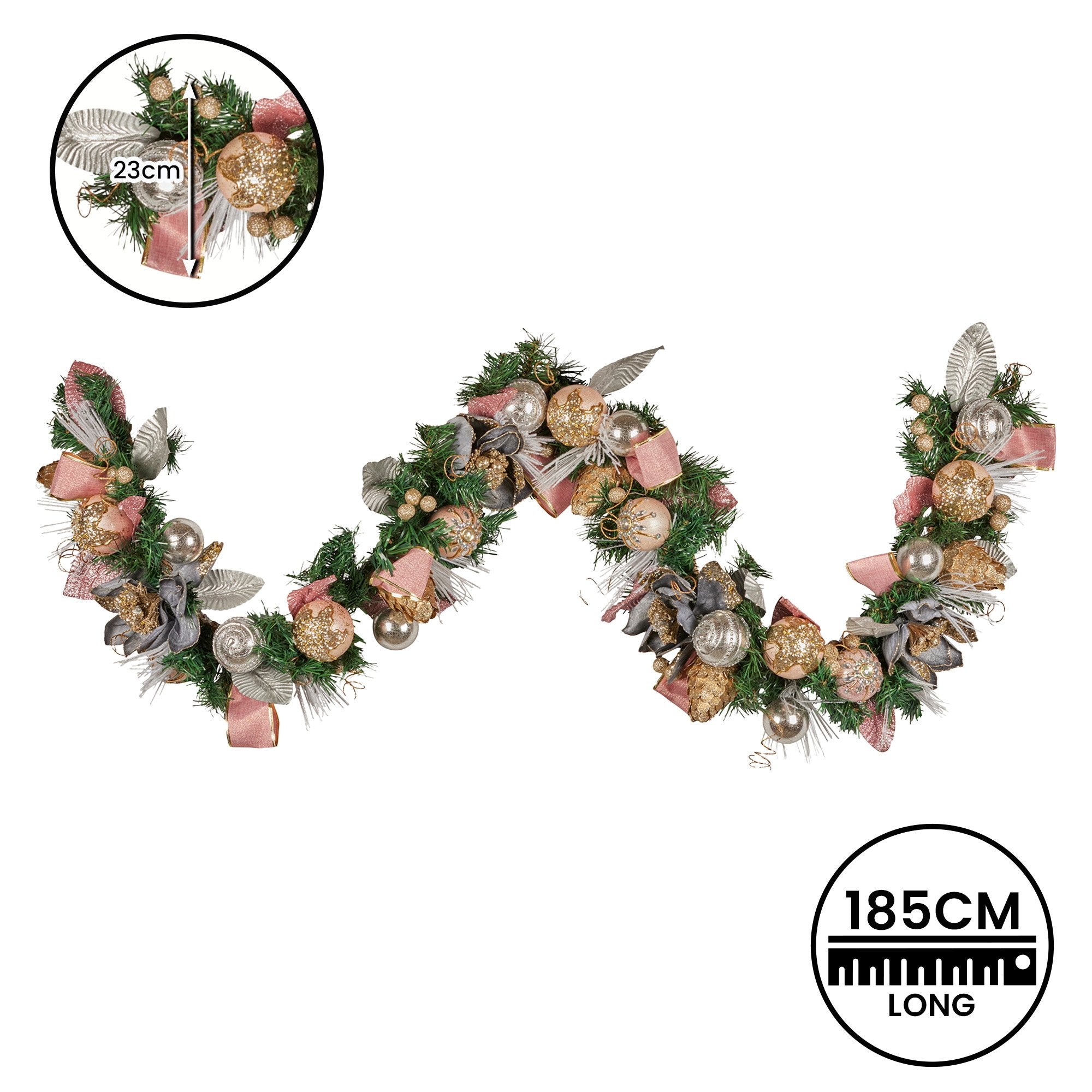 1.85M Pre-Decorated Christmas Garland with Jewelled Baubles & Flowers