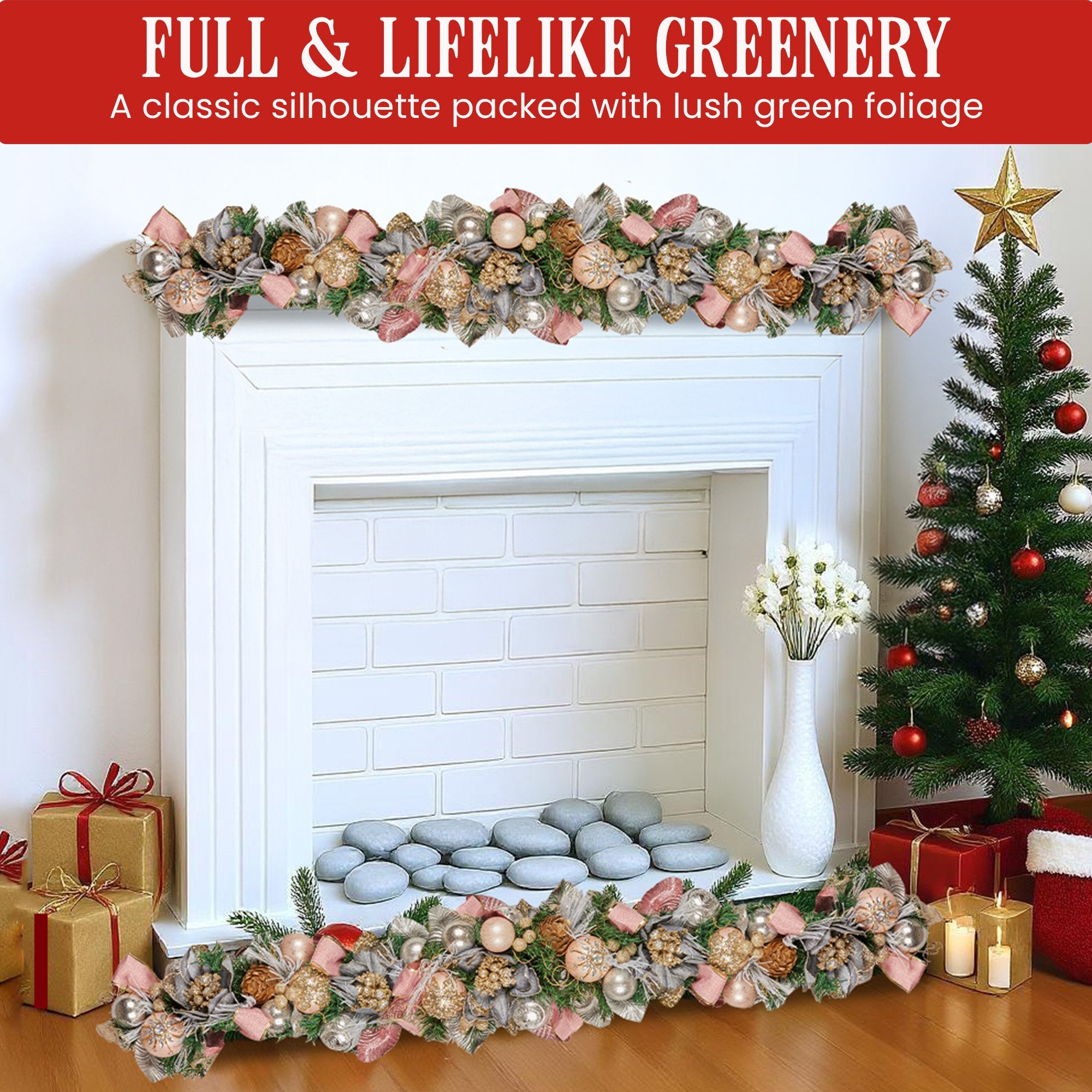 1.85M Pre-Decorated Christmas Garland with Jewelled Baubles & Flowers