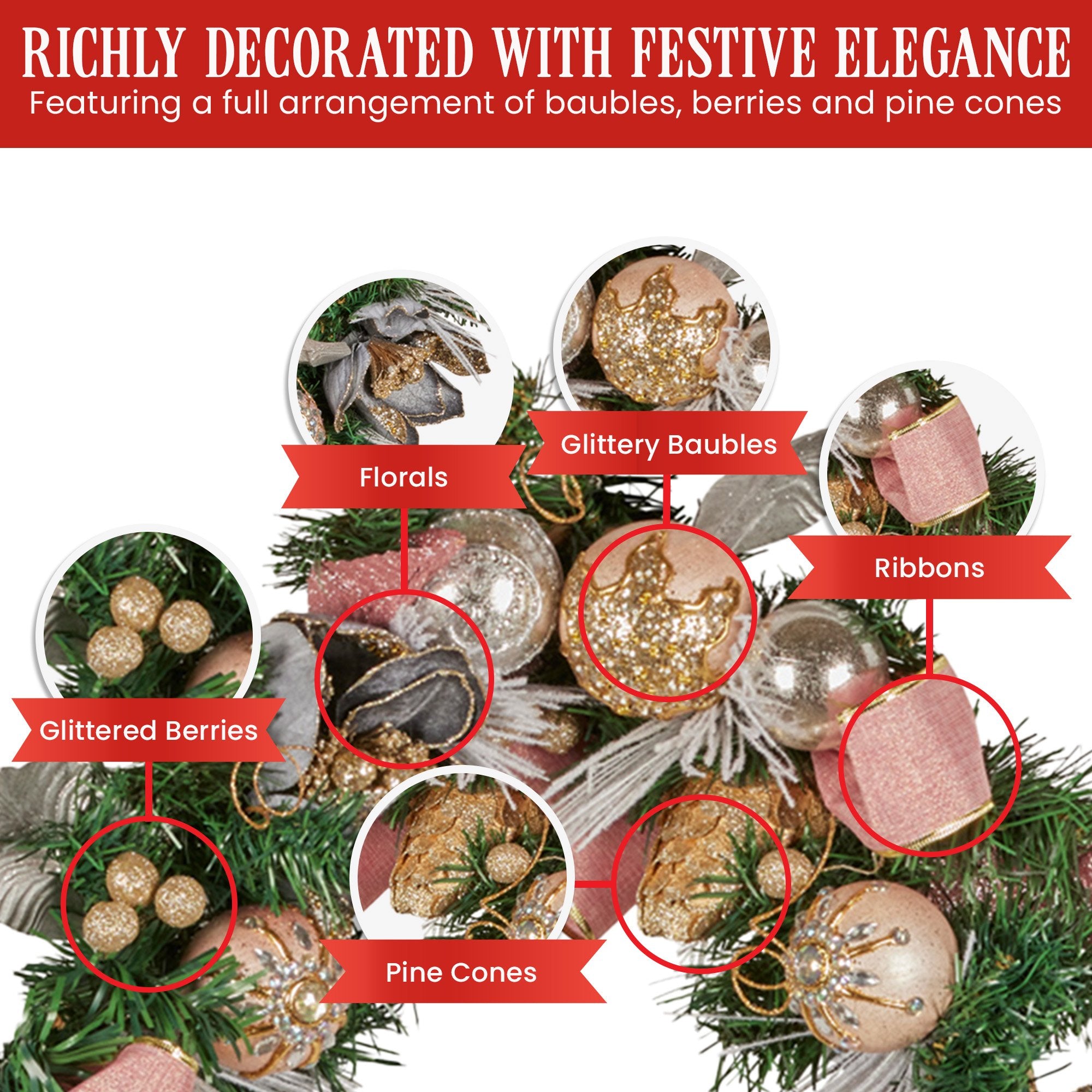 1.85M Pre-Decorated Christmas Garland with Jewelled Baubles & Flowers