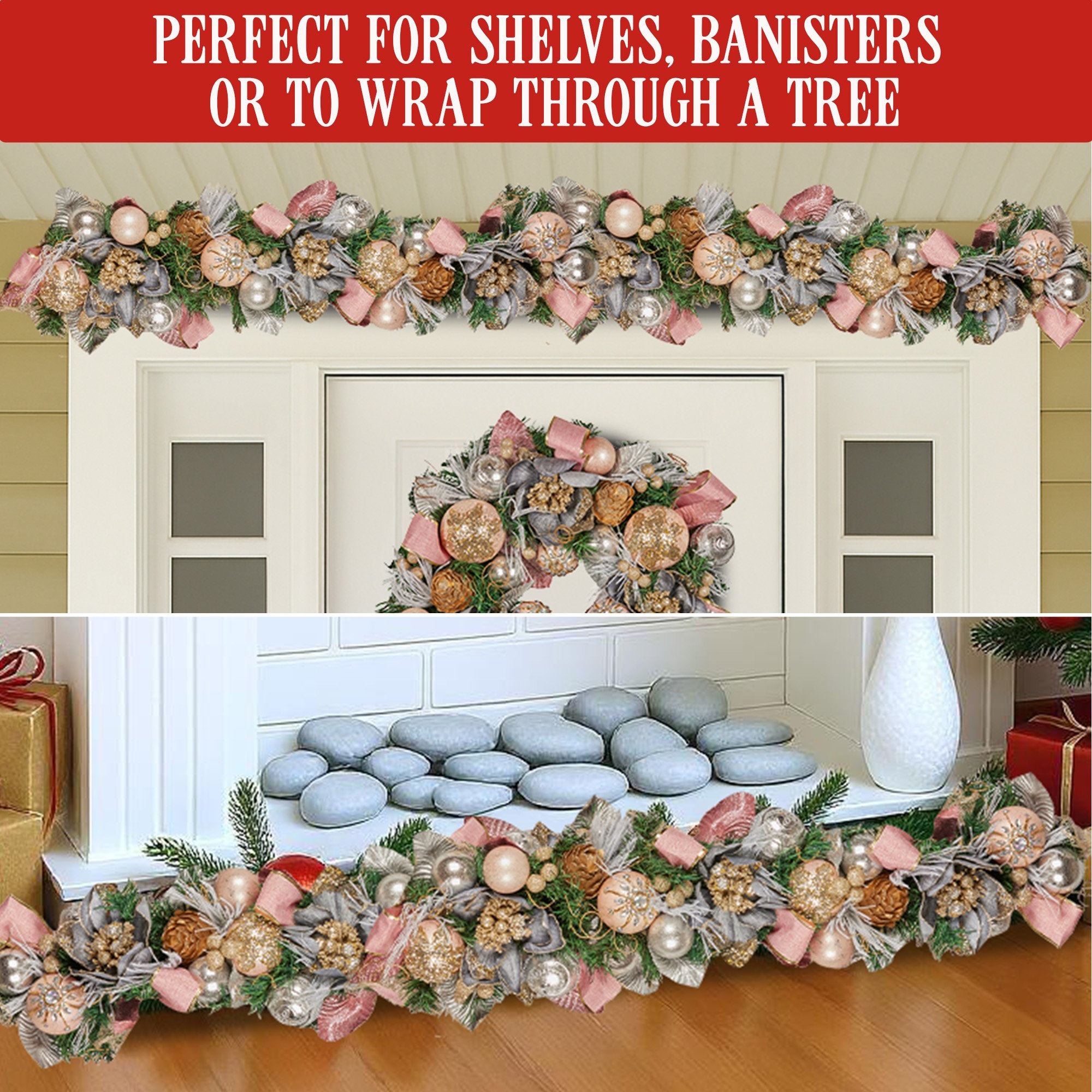 1.85M Pre-Decorated Christmas Garland with Jewelled Baubles & Flowers